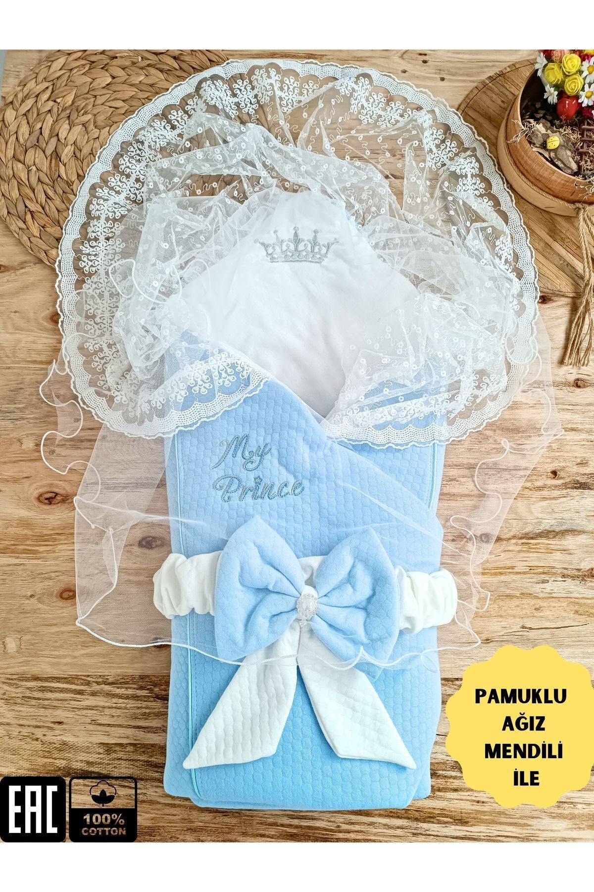 Mavi Erkek Bebek Battaniyesi Dantelli Kundak Hastane Çıkışı Yenidoğan %100 Doğal Pamuktan Hediyelik