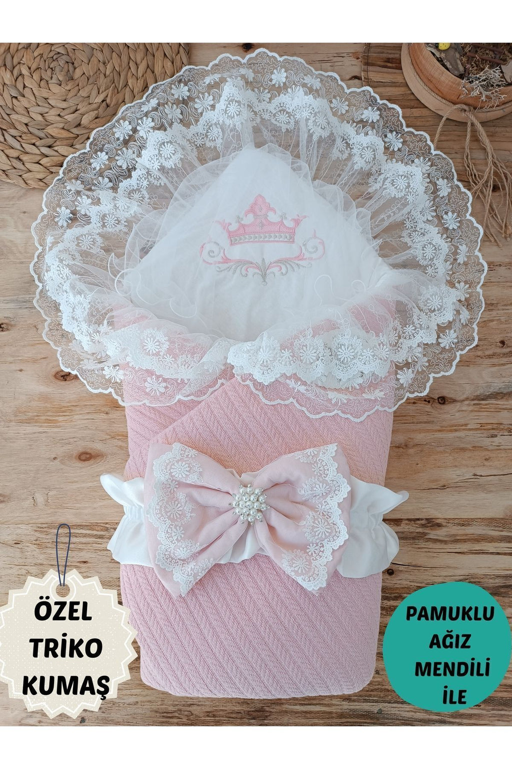 Pudra Triko Örgü Kız Bebek Batttaniyesi Kundağı Dantelli Yenidoğan Hastane Çıkışı Hediyelik