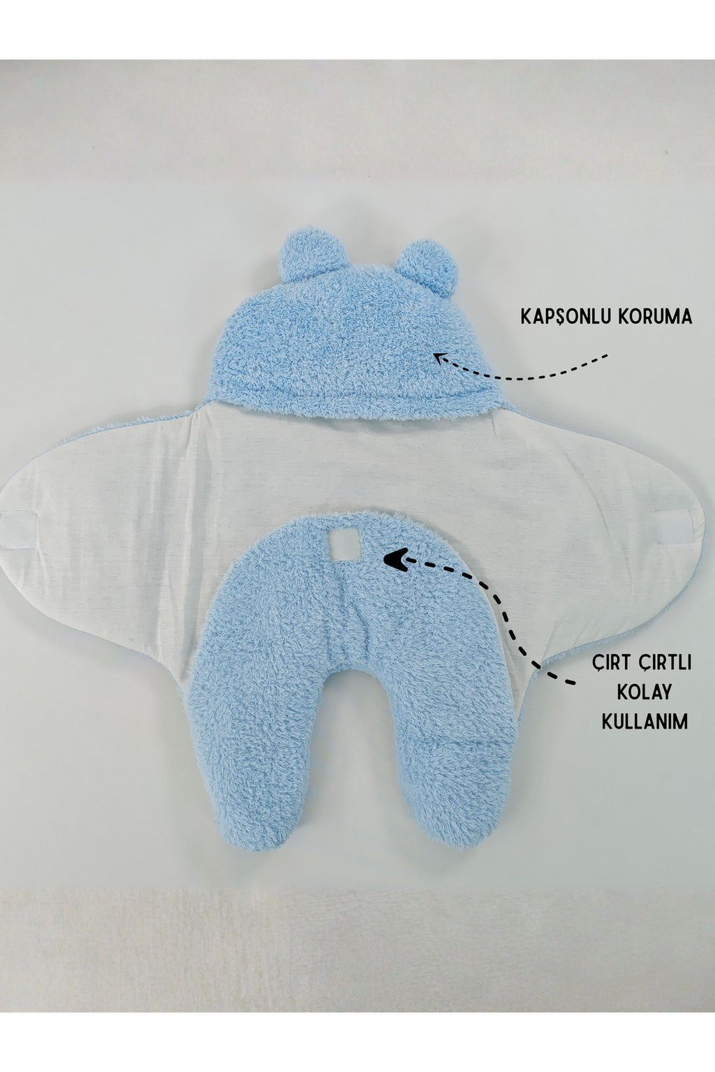 0-6 Ay İçi Elyaflı Kulaklı Peluş Bebek Kundağı Welsoft Kumaş Yenidoğan Uyku Tulumu