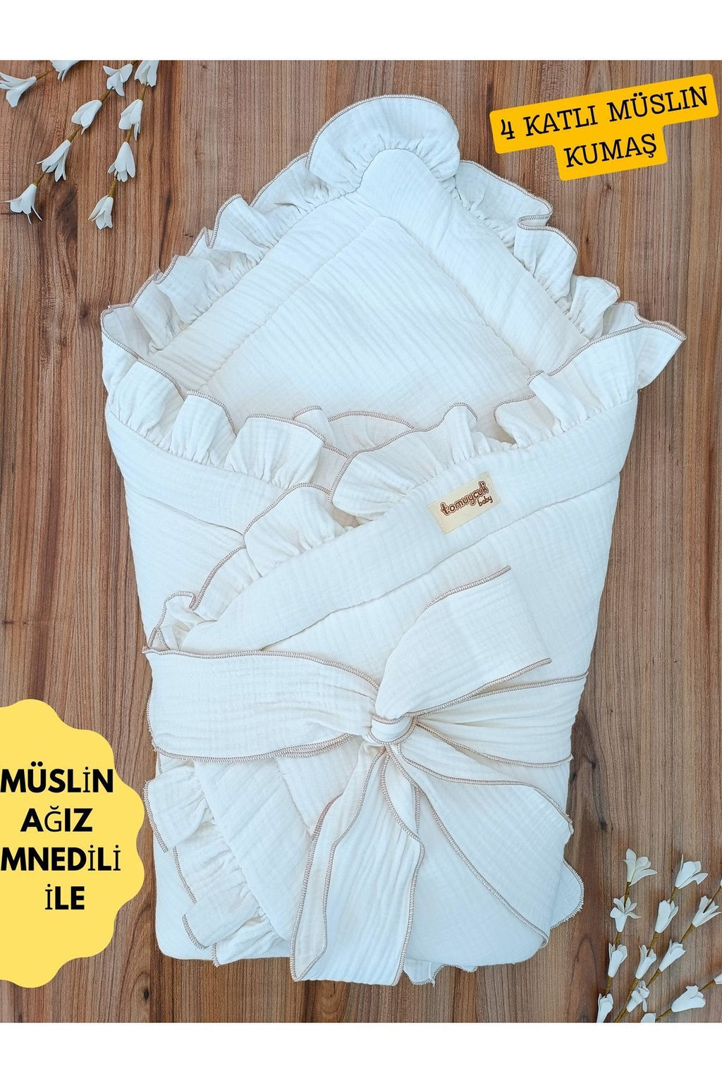 4 Katlı Müslin Bebek Battaniyesi Ekru Kız Erkek Bebek Dış Kundak Hastane Çıkışı Hediyelik Yenidoğan