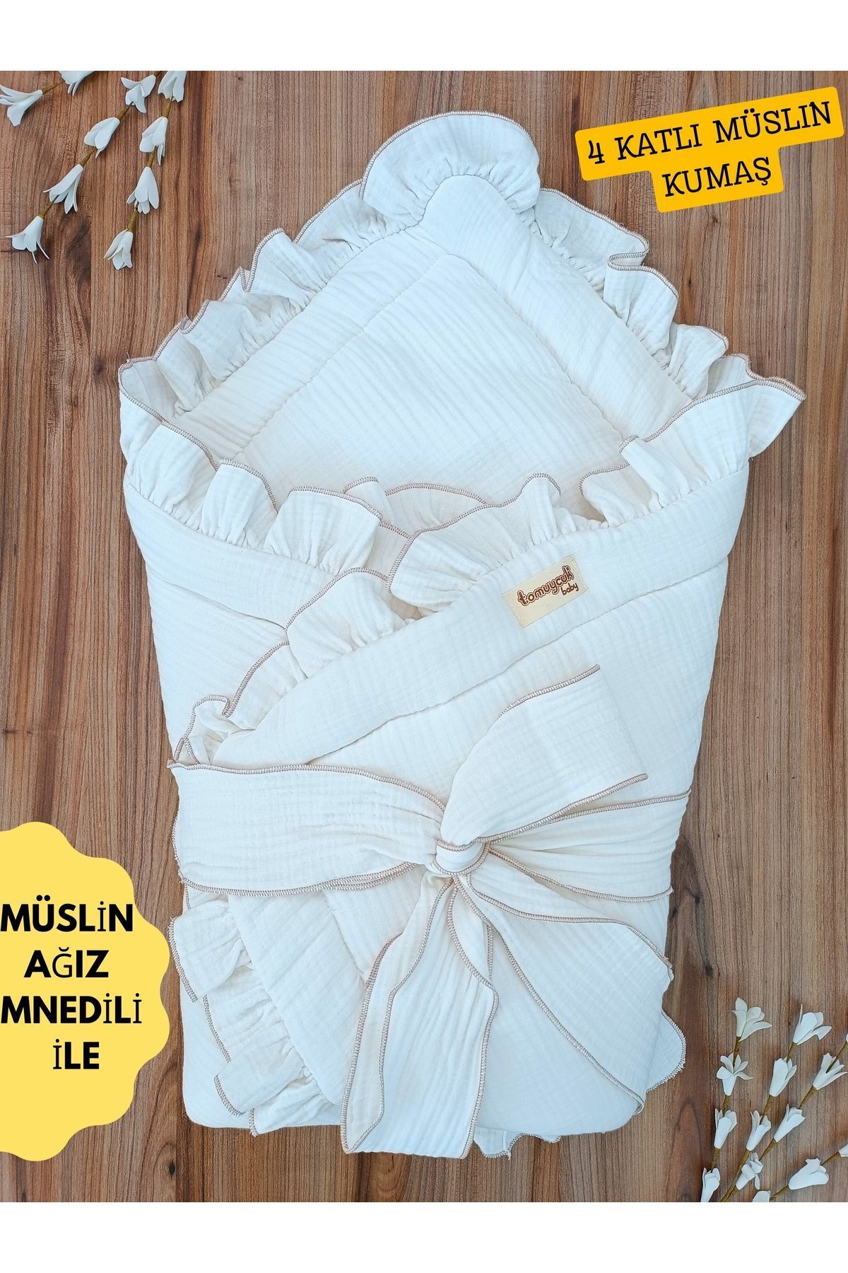 4 Katlı Müslin Bebek Battaniyesi Ekru Kız Erkek Bebek Dış Kundak Hastane Çıkışı Hediyelik Yenidoğan