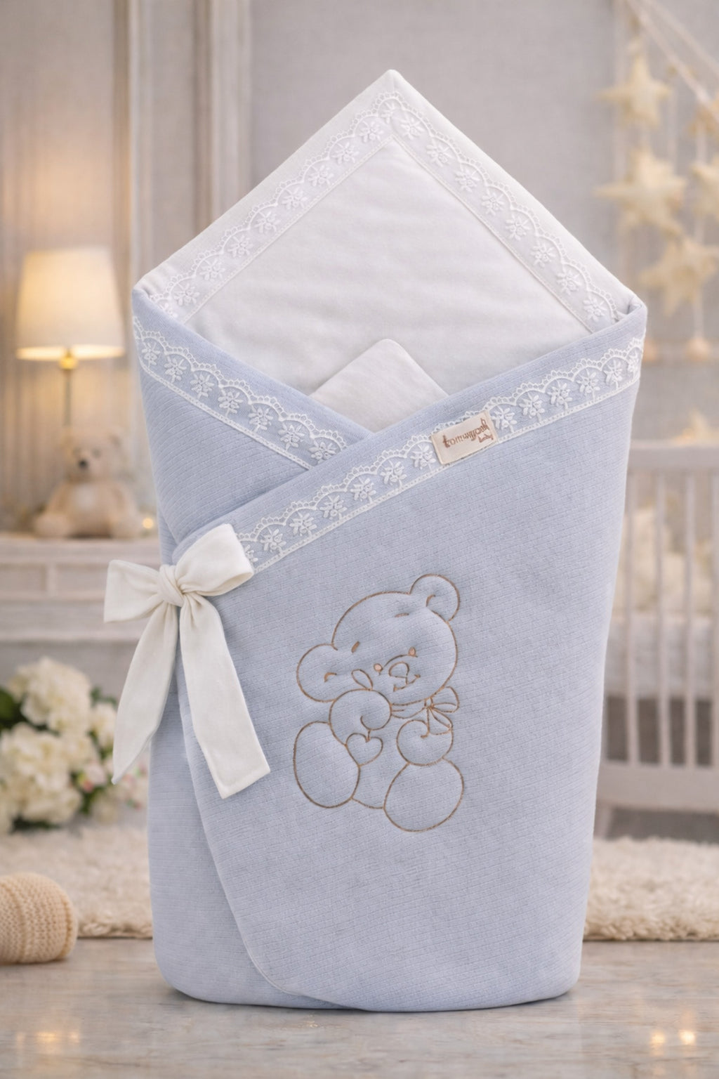 Gri Ayıcık Nakışlı %100 Pamuklu 85x85cm Bebek Battaniyesi | Kız Erkek Mevsimlik Uyku Kundağı