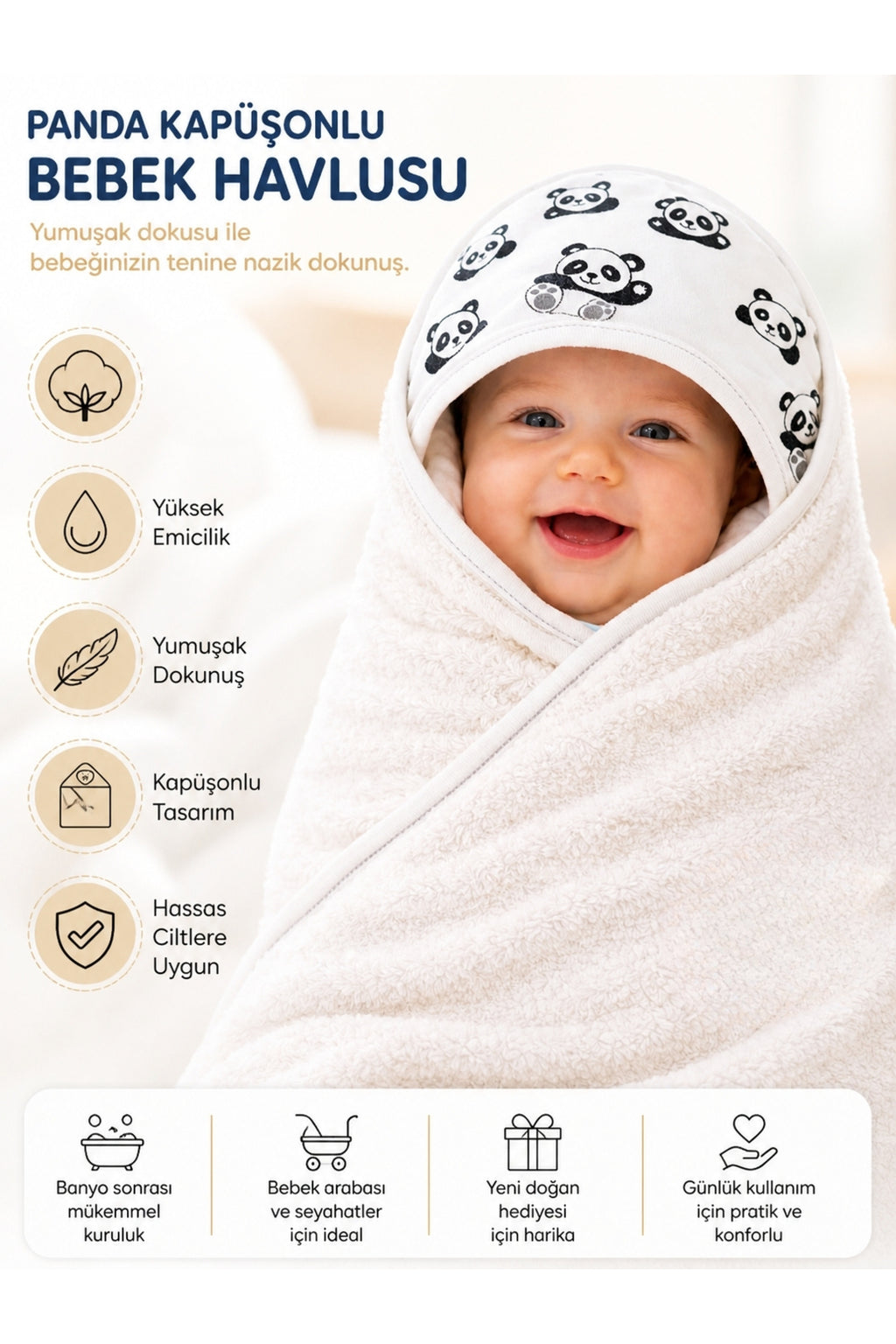 Panda Desenli Başlıklı Bebek Havlusu %100 Pamuk Yenidoğan & 0-2 Yaş Kapüşonlu Bebek Banyo Havlusu