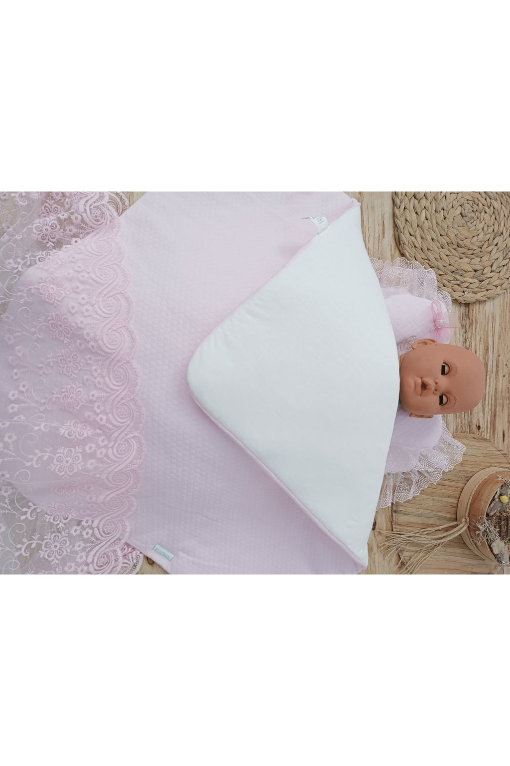 Yenidoğan Pembe Dantelli 3'lü Bebek Alt Açma Minderi - Kundaklı Yastıklı Bebek Yatağı - My Princess