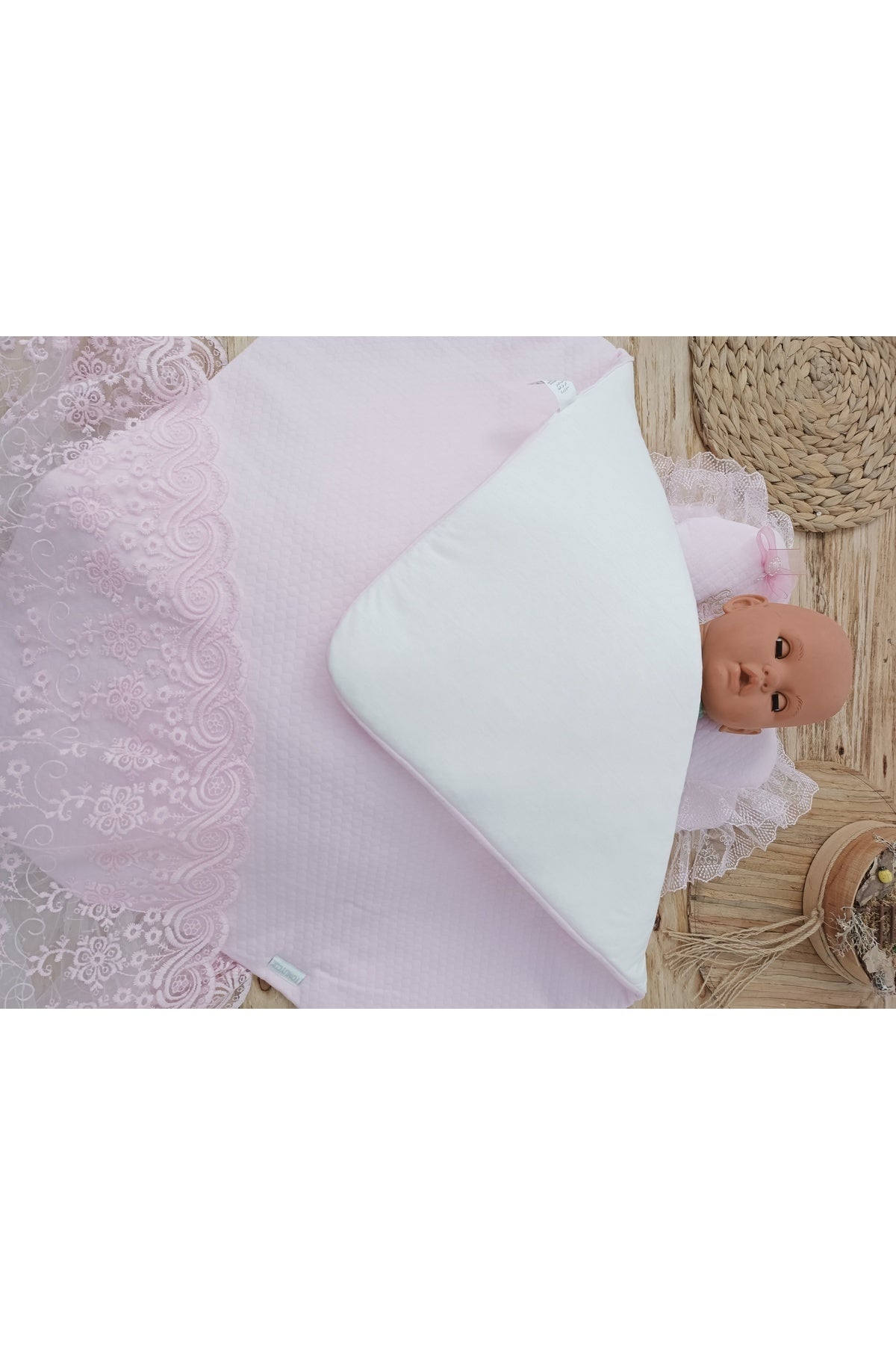Yenidoğan Pembe Dantelli 3'lü Bebek Alt Açma Minderi - Kundaklı Yastıklı Bebek Yatağı - My Princess