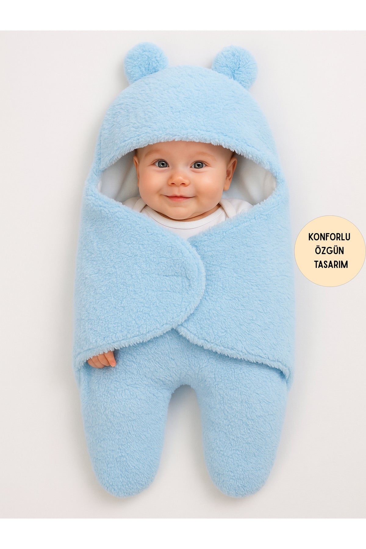 0-6 Ay İçi Elyaflı Kulaklı Peluş Bebek Kundağı Welsoft Kumaş Yenidoğan Uyku Tulumu