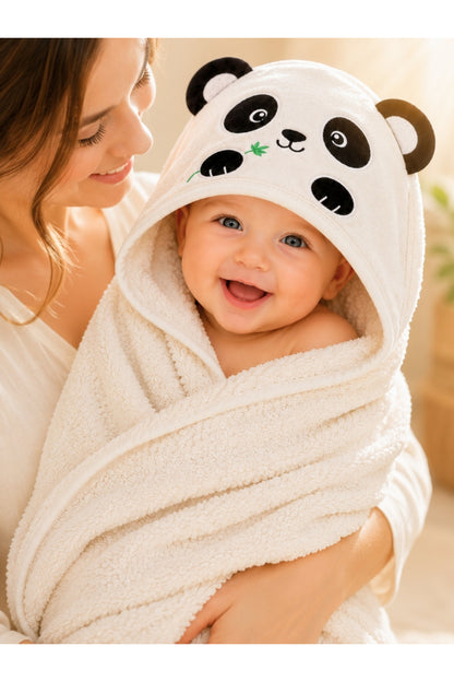 %100 Pamuklu & Başlıklı Bebek Banyo Havlusu - Panda Nakışlı & Havlu- Yumuşak & Su Emici