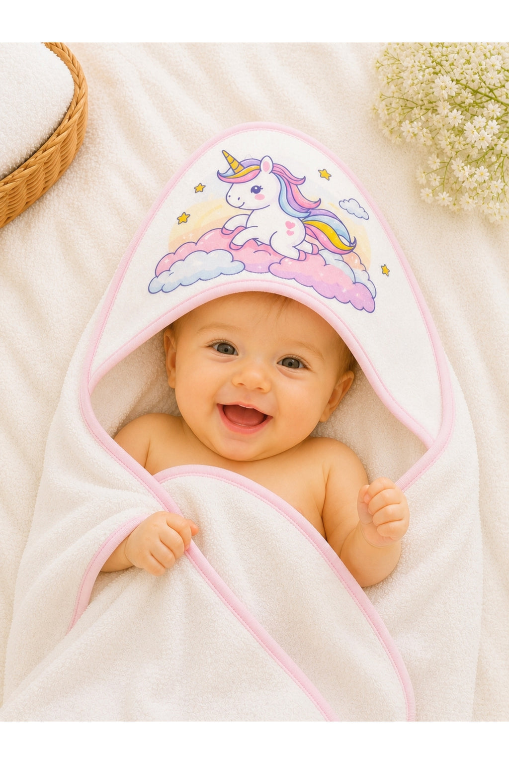 Unicorn Desenli Kapüşonlu Bebek Banyo Havlusu %100 Pamuklu Yenidoğan Kundak Havlu Kız Bebek