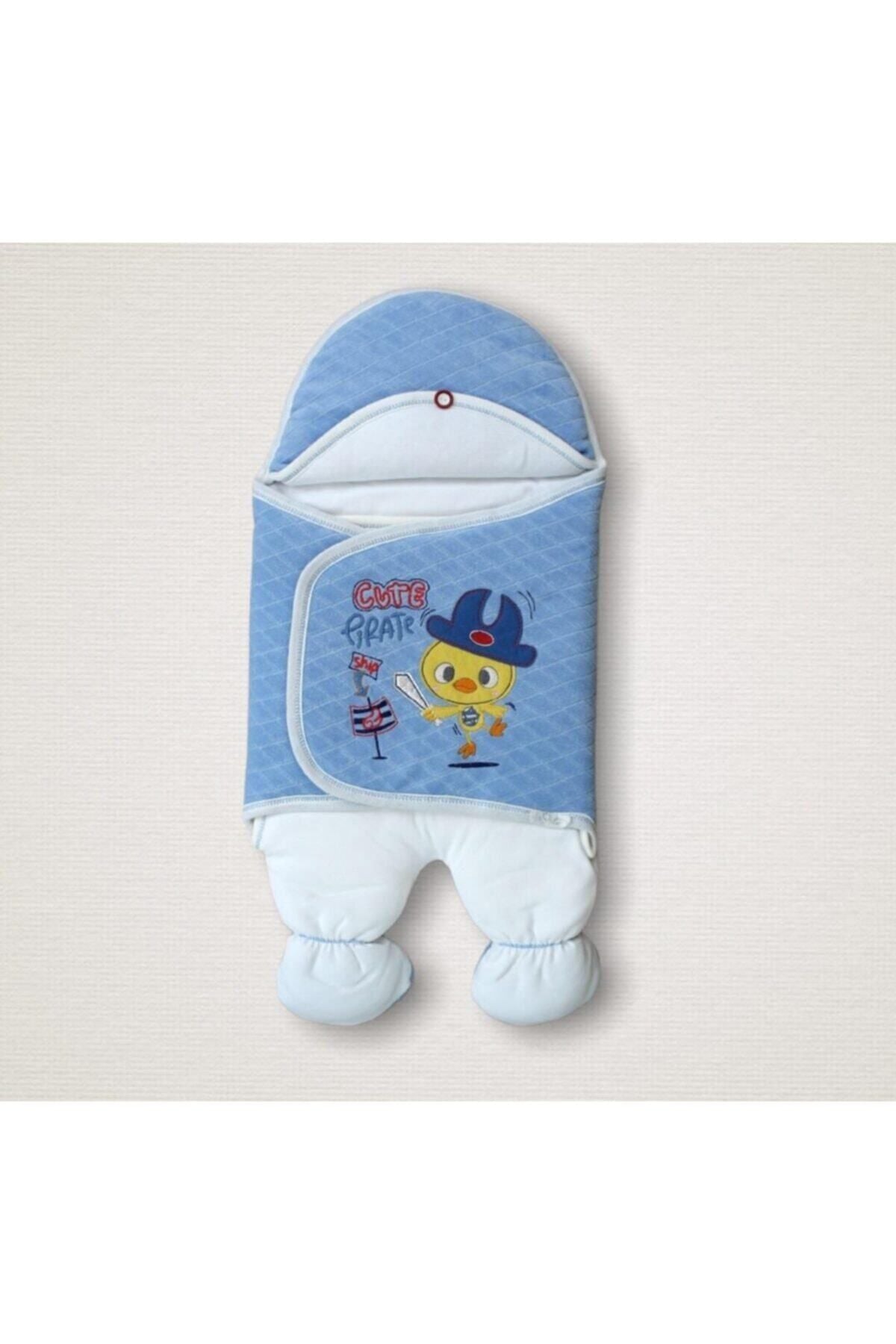 %100 Pamuklu Unisex Bebek Kundağı - Mavi & Ördekli Ayaklı Dış Kundak