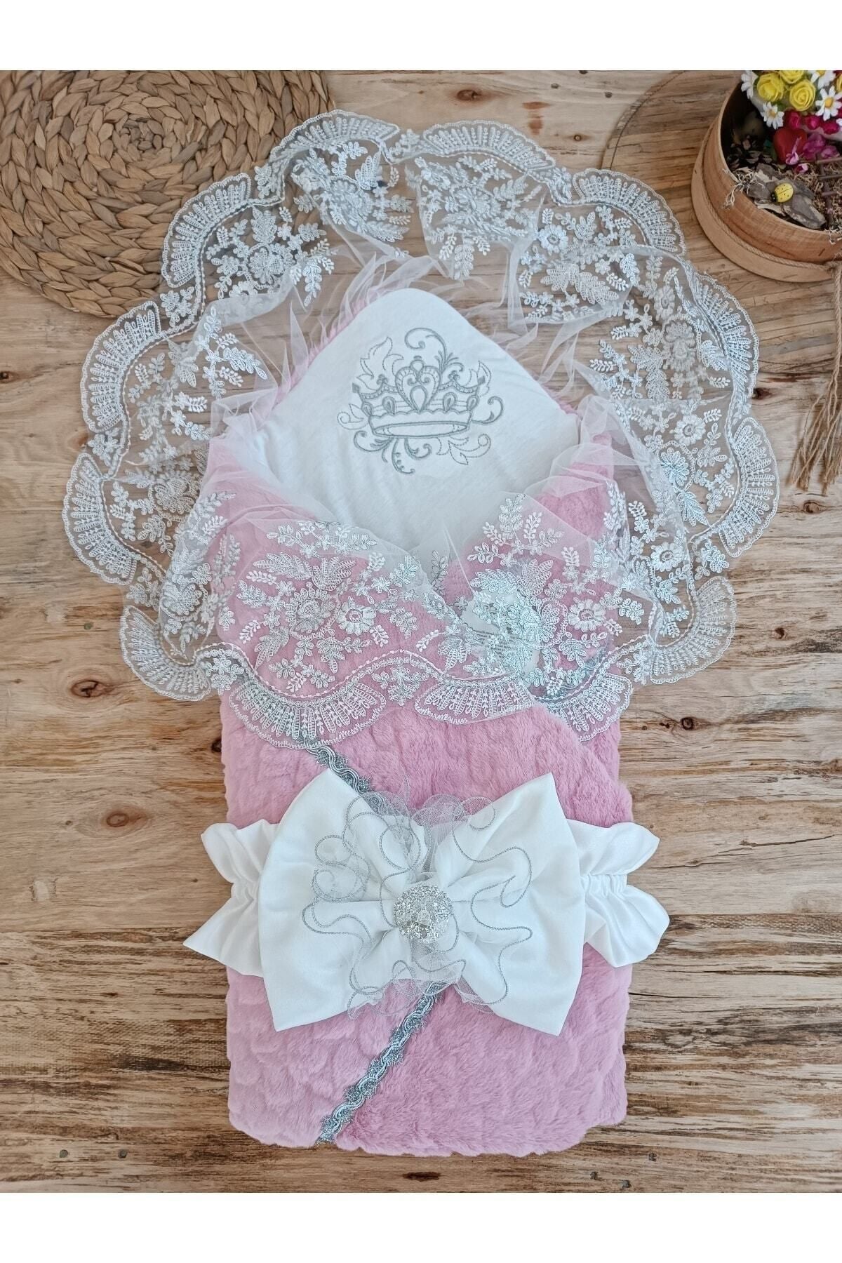 Kışlık Bebek Dış Kundak Battaniyesi Dantelli Pembe Bebek Kundağı Unisex Hastane Çıkışı Mevlütlük