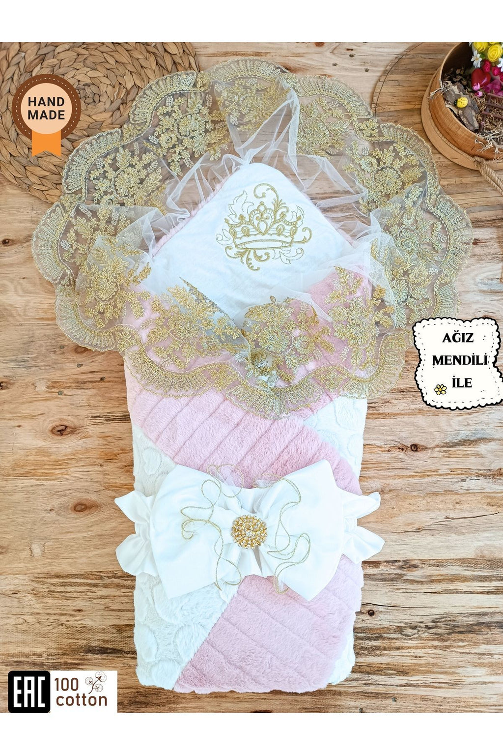 Pamuklu & Kışlık Unisex Bebek Kundağı - Gold Dantelli Bebek Battaniyesi & Hastane Çıkışı