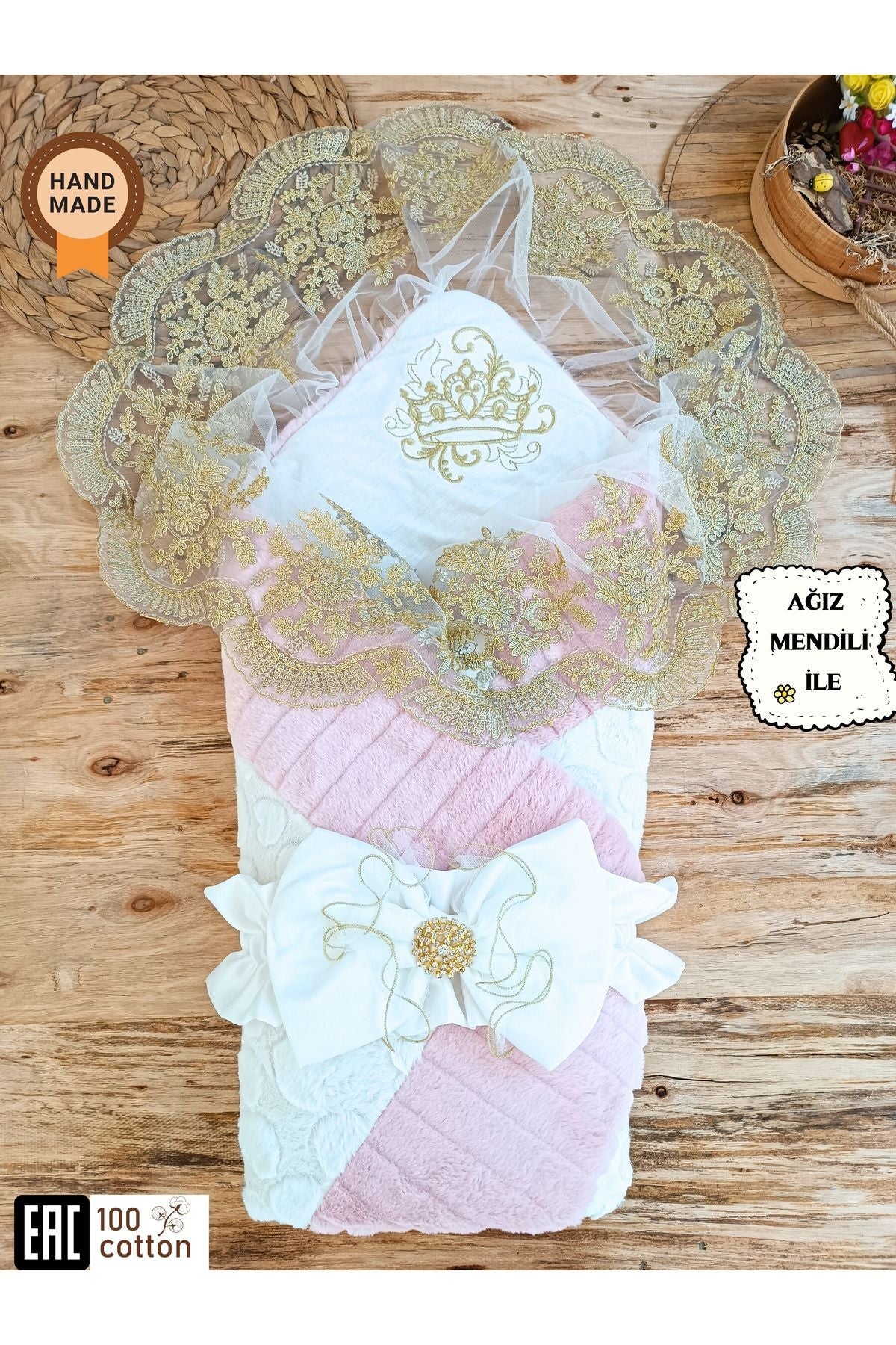 Pamuklu & Kışlık Unisex Bebek Kundağı - Gold Dantelli Bebek Battaniyesi & Hastane Çıkışı