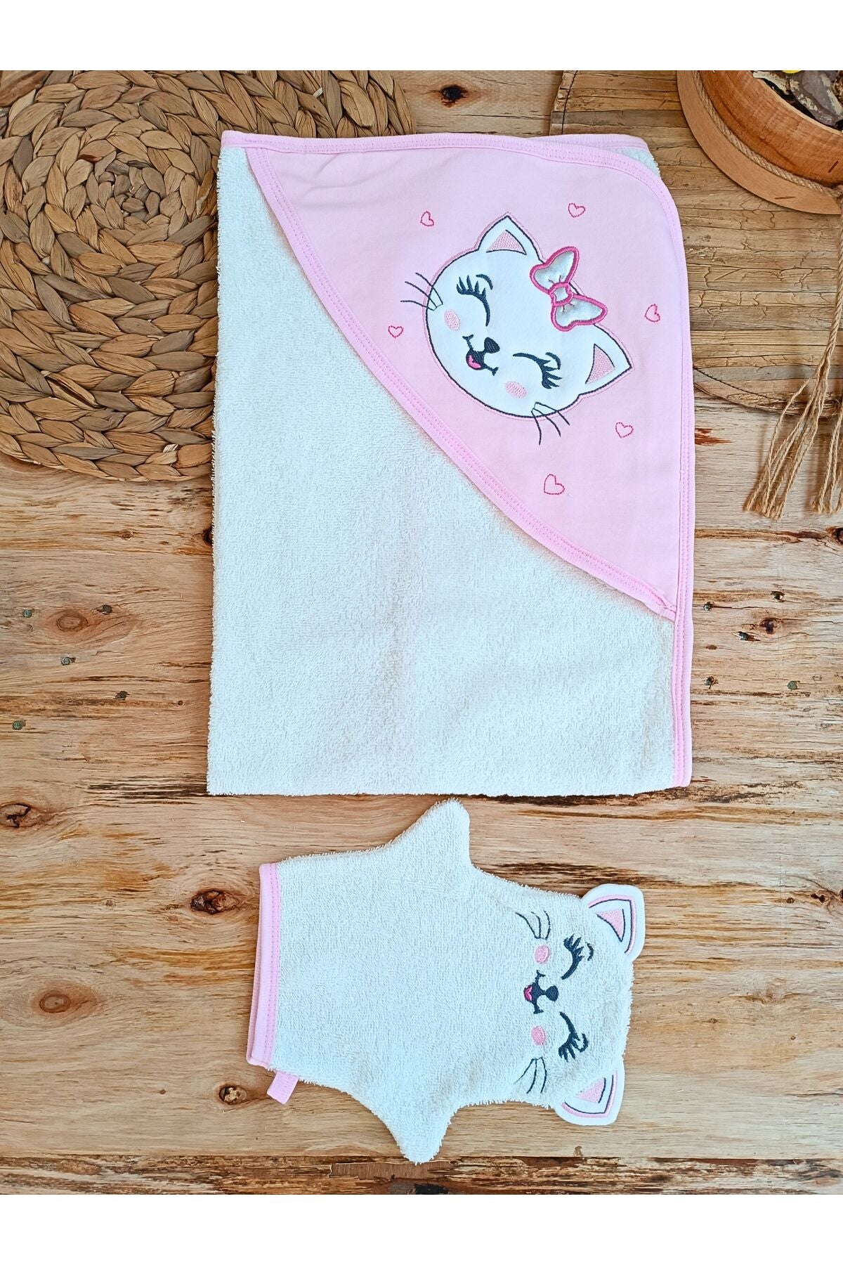 Kedi Nakışlı & Başlıklı Bebek Banyo Havlusu - Yumuşak & Su Emici Bebek Havlusu - %100 Pamuklu