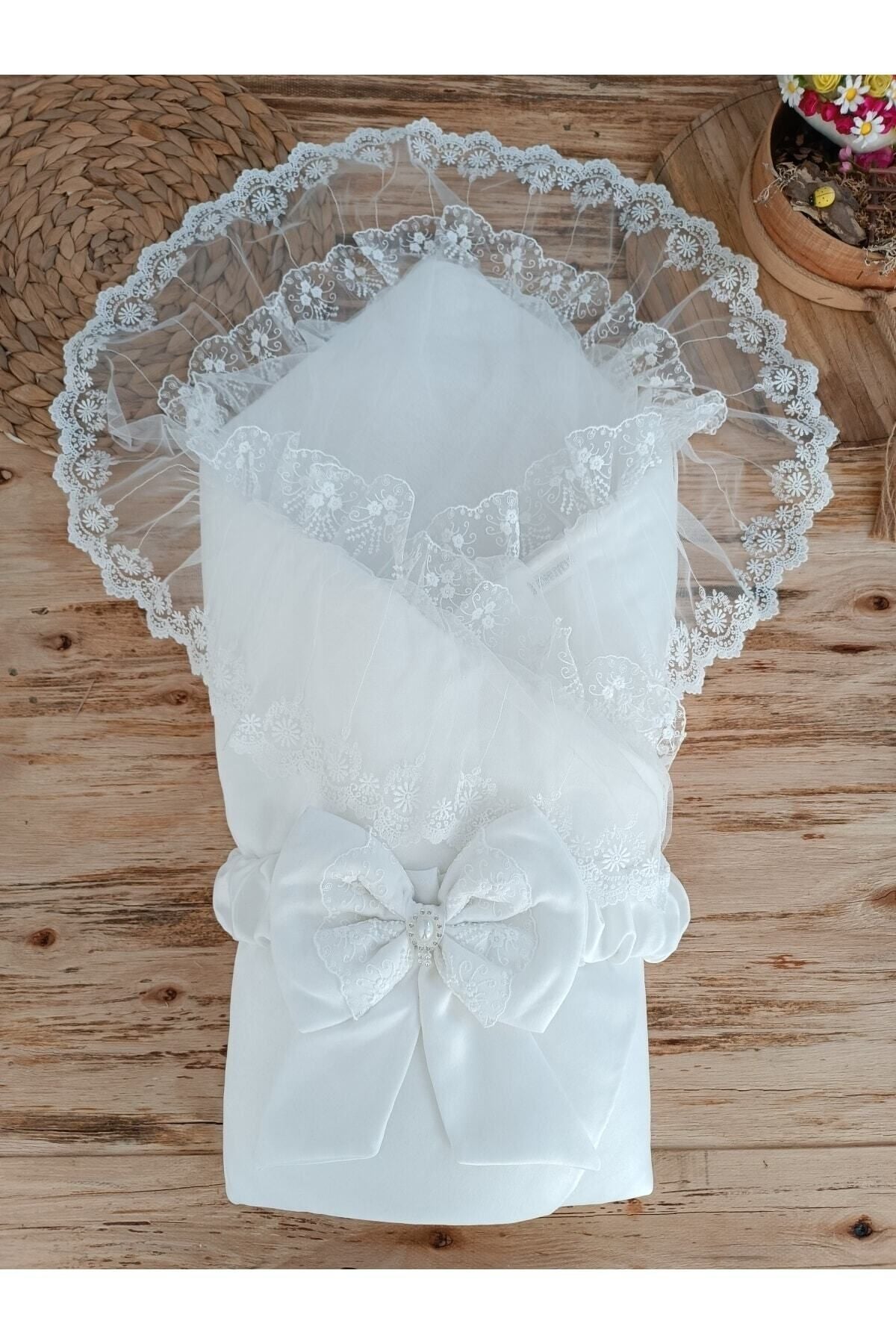 Bebek Dış Kundak Battaniyesi Dantelli Lüks Bebek Kundağı Unisex Hastane Çıkışı Mevlütlük Battaniye