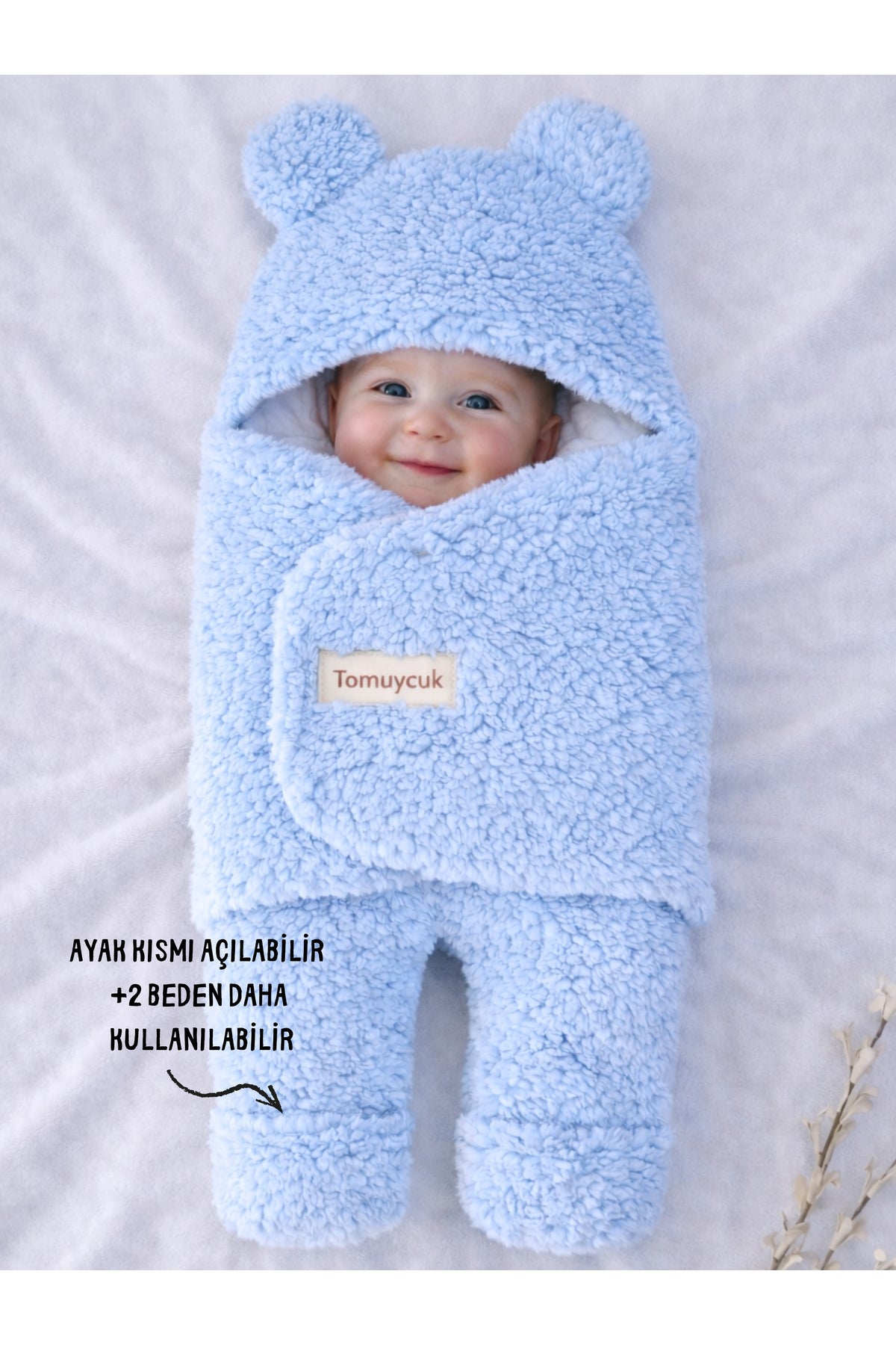 0-12 Ay İçi Elyaflı Peluş Welsoft Kulaklı Mavi Dış Bebek Kundak & Battaniyesi Kışlık Uyku Tulumu