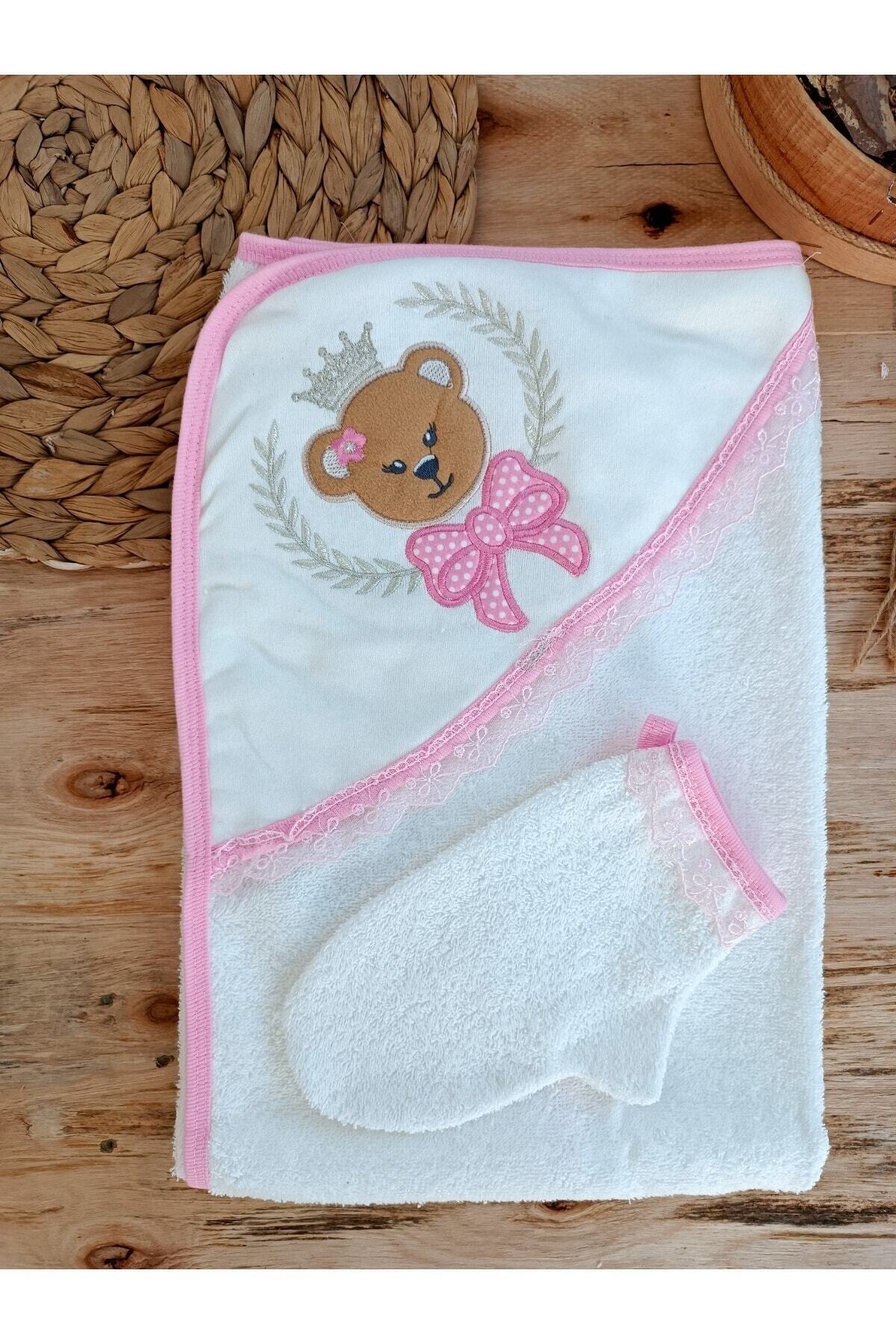 %100 Pamuklu & Başlıklı Kız Bebek Banyo Havlusu - Ayıcık Nakışlı & Yumuşak Bebek Havlusu