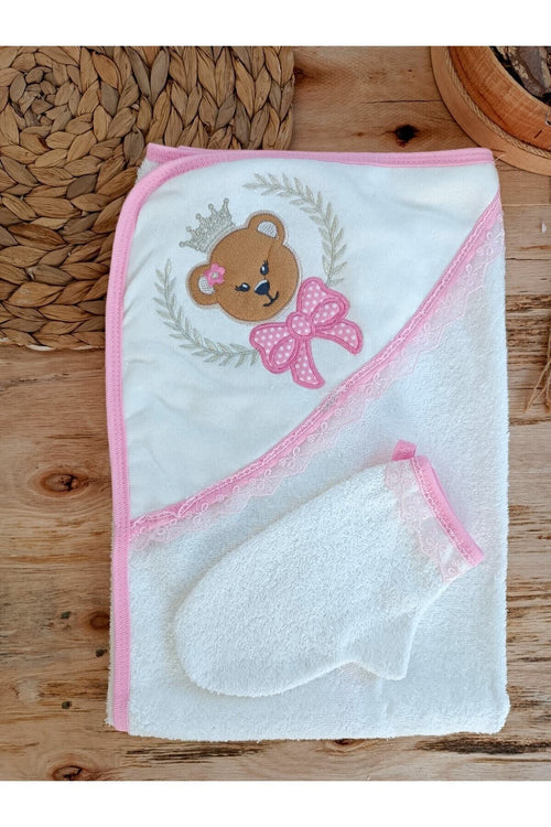 %100 Pamuklu & Başlıklı Kız Bebek Banyo Havlusu - Ayıcık Nakışlı & Yumuşak Bebek Havlusu
