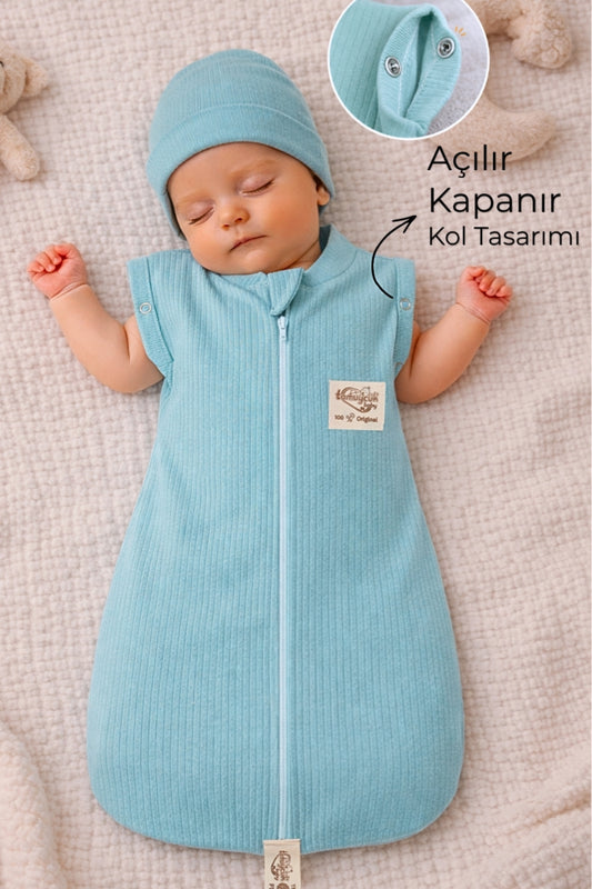 %100 Pamuklu Yeşil Unisex Bebek Uyku Tulumu Kundağı 0-6 Ay Fermuarlı Çıtçıt Kol Mevsimlik Yenidoğan