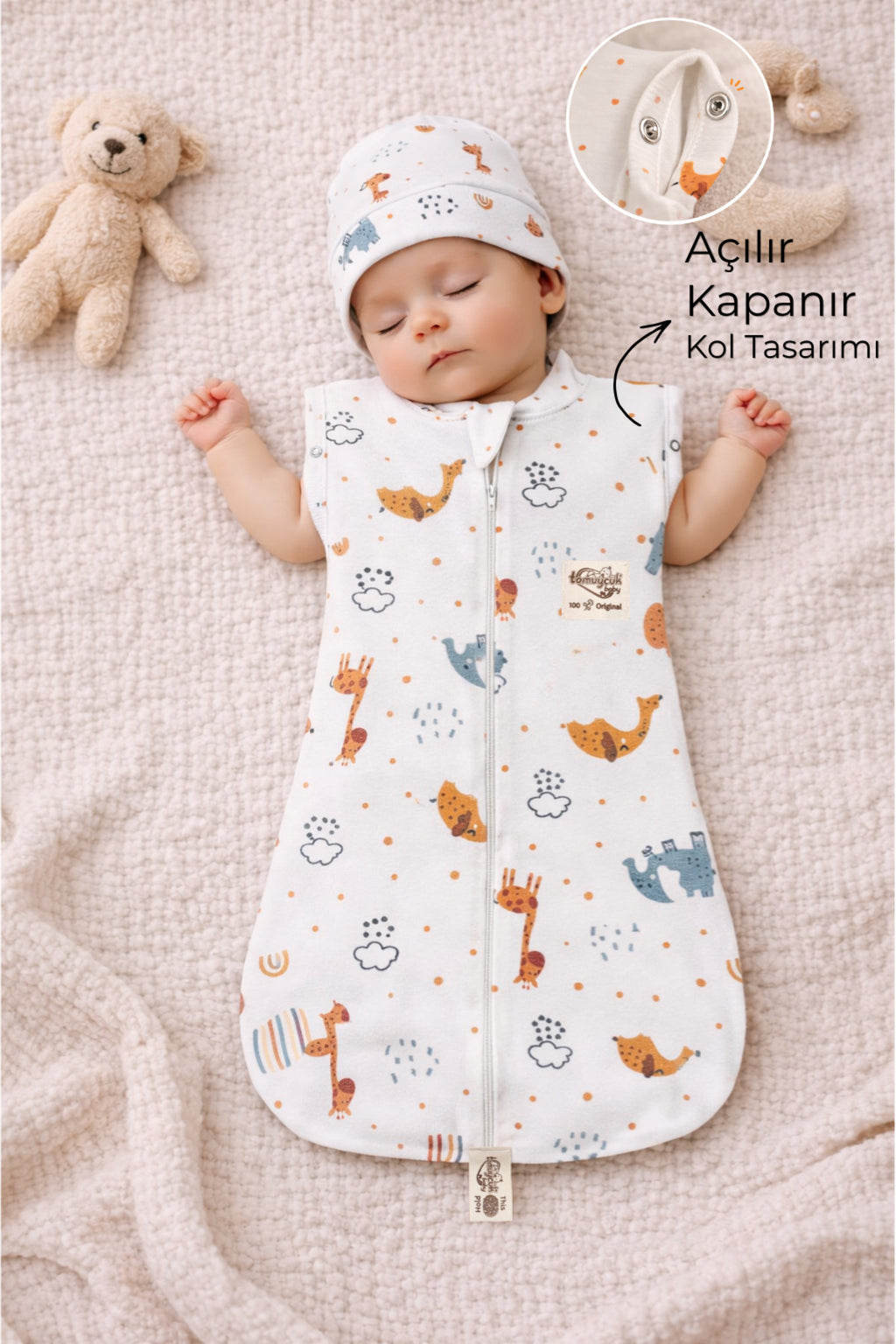 %100 Pamuklu Unisex Bebek Uyku Tulumu Kundak 0-6 Ay Fermuarlı Çıtçıt Kol Mevsimlik Şapkalı Yenidoğan
