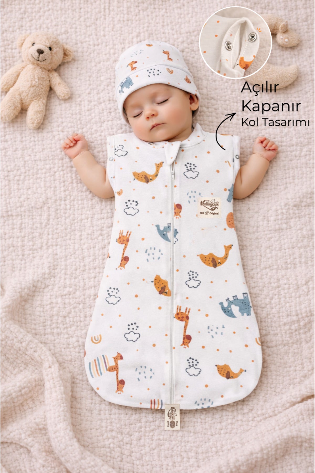 %100 Pamuklu Unisex Bebek Uyku Tulumu Kundak 0-6 Ay Fermuarlı Çıtçıt Kol Mevsimlik Şapkalı Yenidoğan