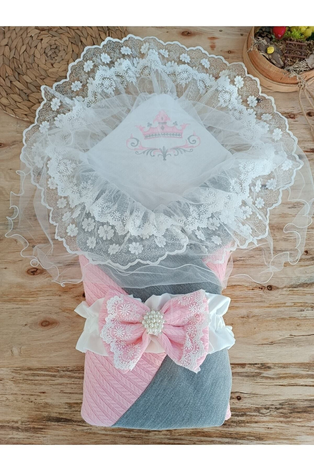 Pembe Triko Örgü Kız Bebek Batttaniyesi Kundağı Şık Dantelli Yenidoğan Hastane Çıkışı Hediyelik