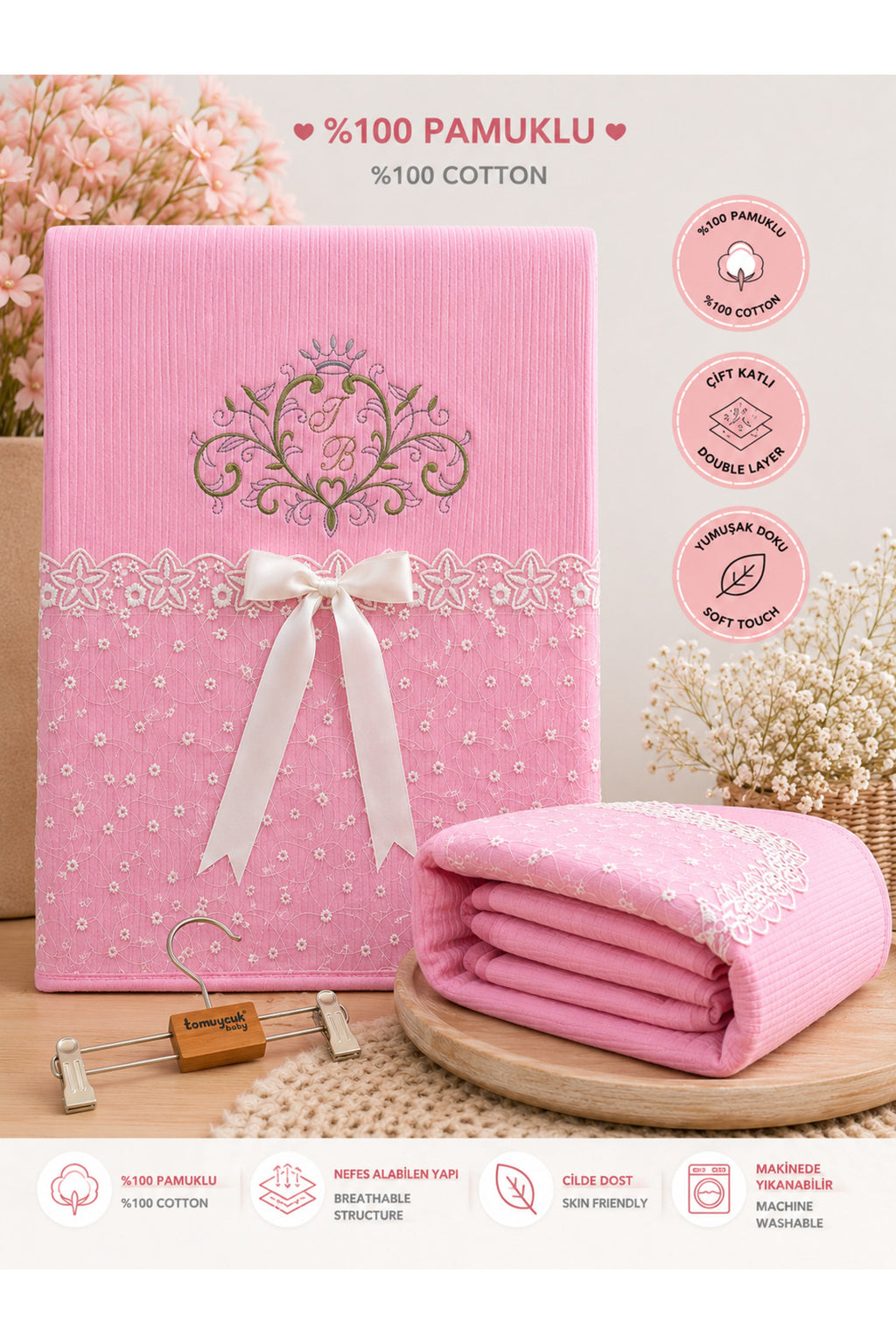 %100 Pamuklu Lüks Kız Bebek Kundak Battaniye 85x80 Çift Katlı Pembe Fitilli Yenidoğan Örtü
