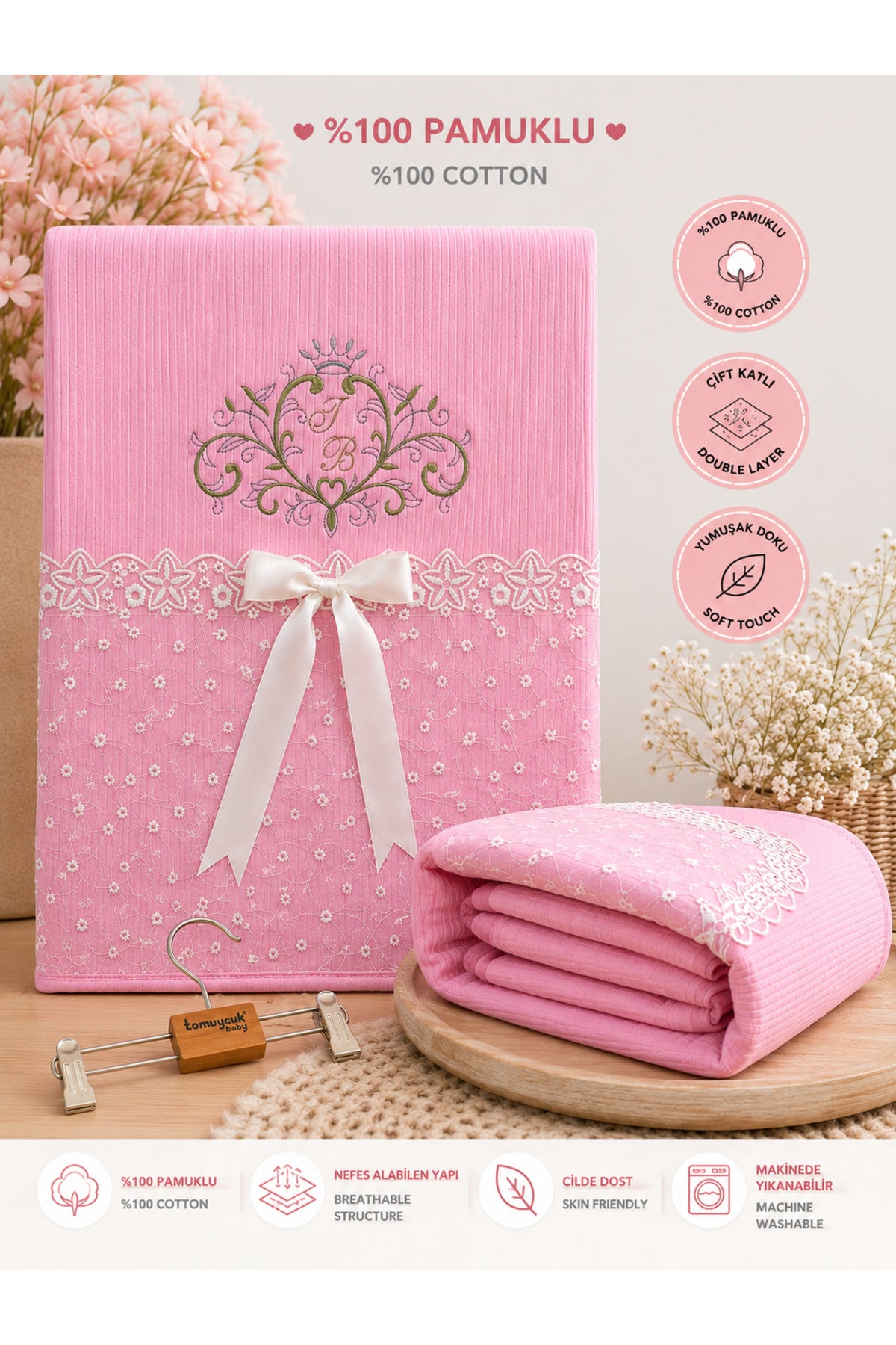 %100 Pamuklu Lüks Kız Bebek Kundak Battaniye 85x80 Çift Katlı Pembe Fitilli Yenidoğan Örtü