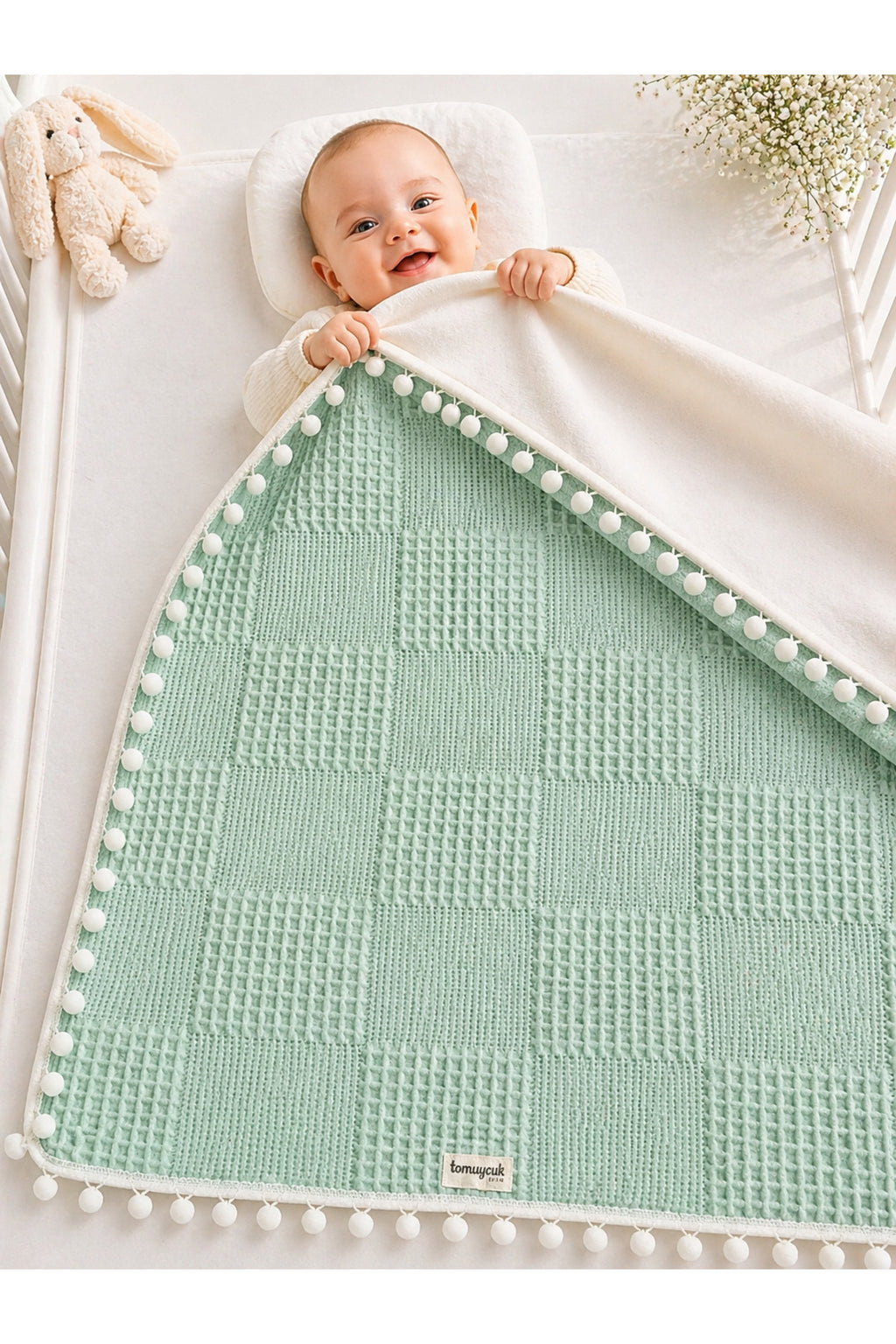 Yeşil Kız Erkek Bebek Battaniyesi Pike %100 Pamuklu Doğal Organik Uyku Çift Taraflı Örtü 86x86cm