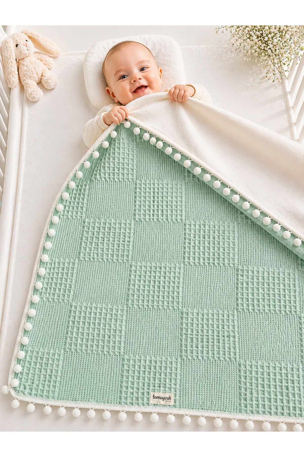 Yeşil Kız Erkek Bebek Battaniyesi Pike %100 Pamuklu Doğal Organik Uyku Çift Taraflı Örtü 86x86cm