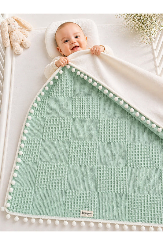 Yeşil Kız Erkek Bebek Battaniyesi Pike %100 Pamuklu Doğal Organik Uyku Çift Taraflı Örtü 86x86cm