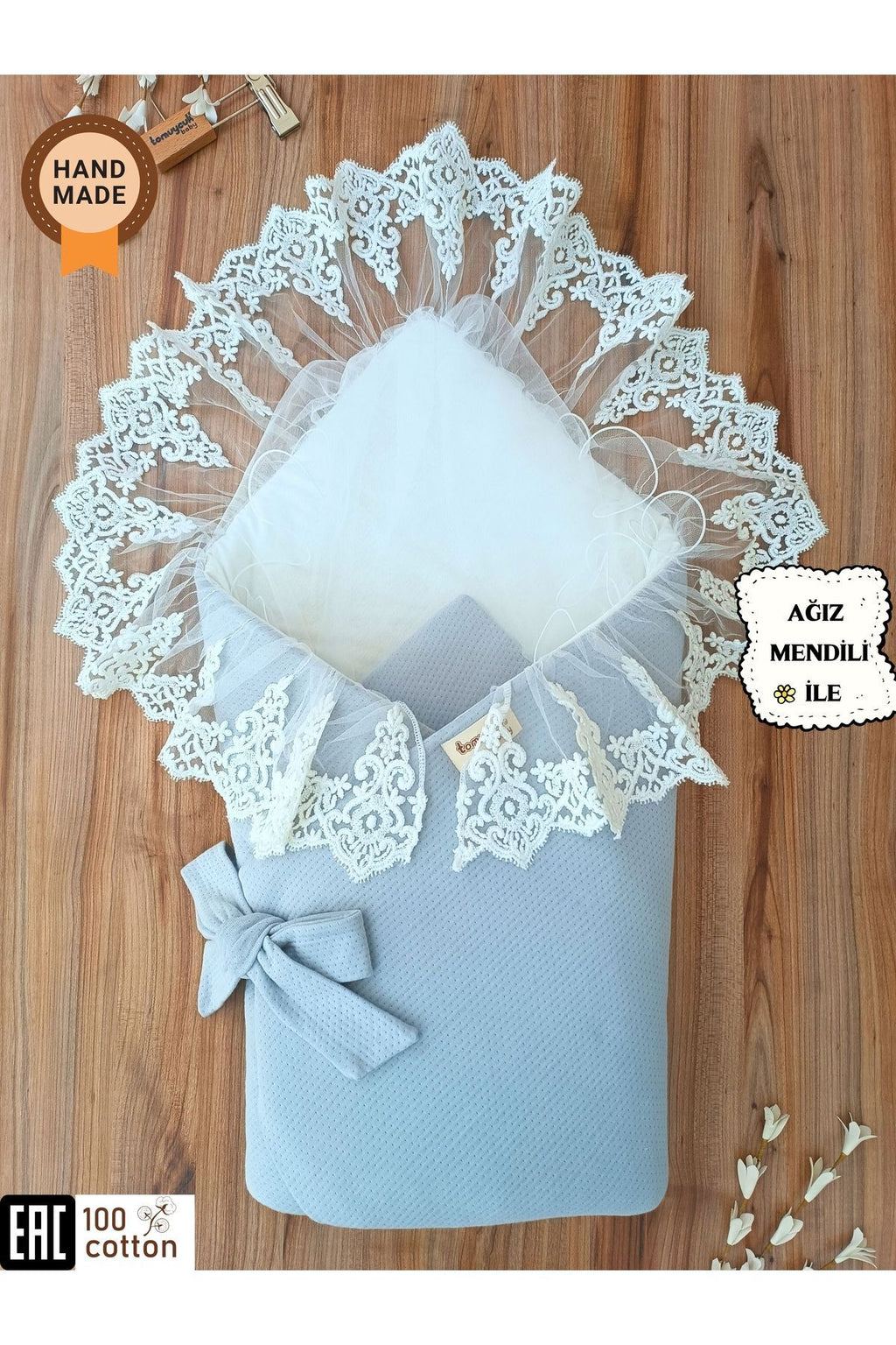 Dantelli Bebek Battaniyesi %100 Pamuklu Doğal Organik Uyku Kundağı Hediyelik Yenidoğan Mevlütlük