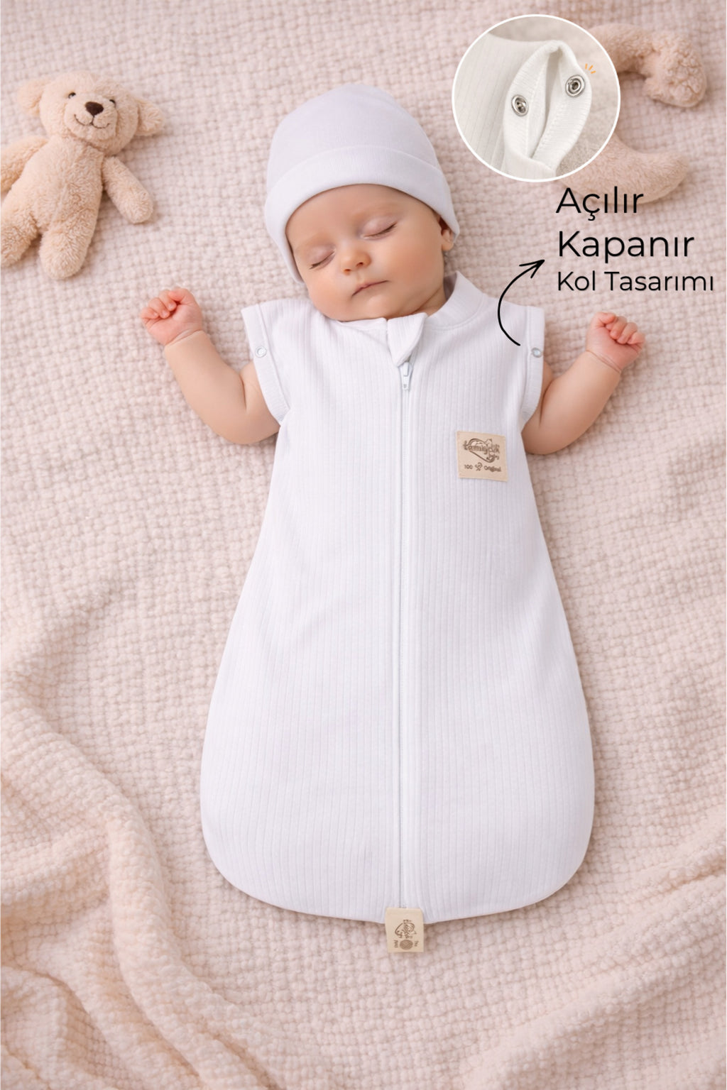 %100 Pamuklu Kız / Erkek Bebek Uyku Tulumu Kundağı 0-6 Ay Fermuarlı Çıtçıtlı Kol Mevsimlik Yenidoğan