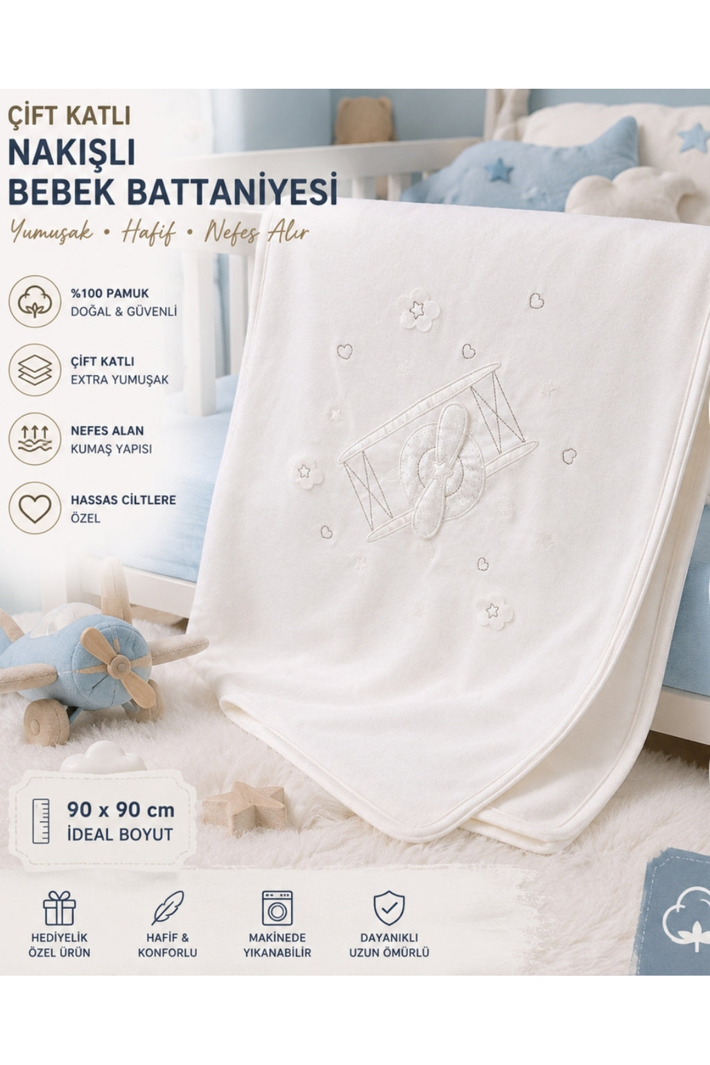 Uçaklı Penye Kız / Erkek Bebek Unisex Battaniye Ekru