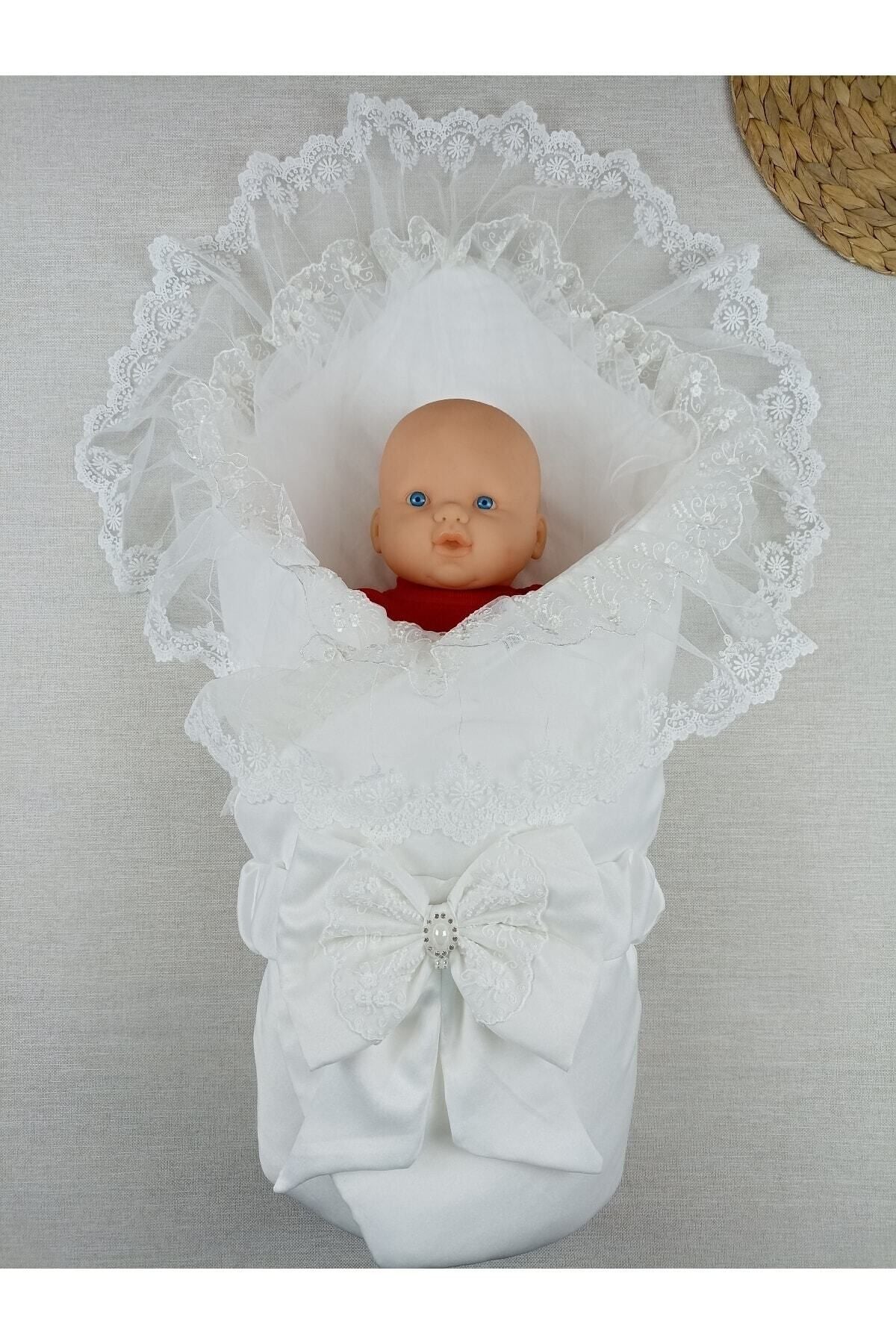 Bebek Dış Kundak Battaniyesi Dantelli Lüks Bebek Kundağı Unisex Hastane Çıkışı Mevlütlük Battaniye