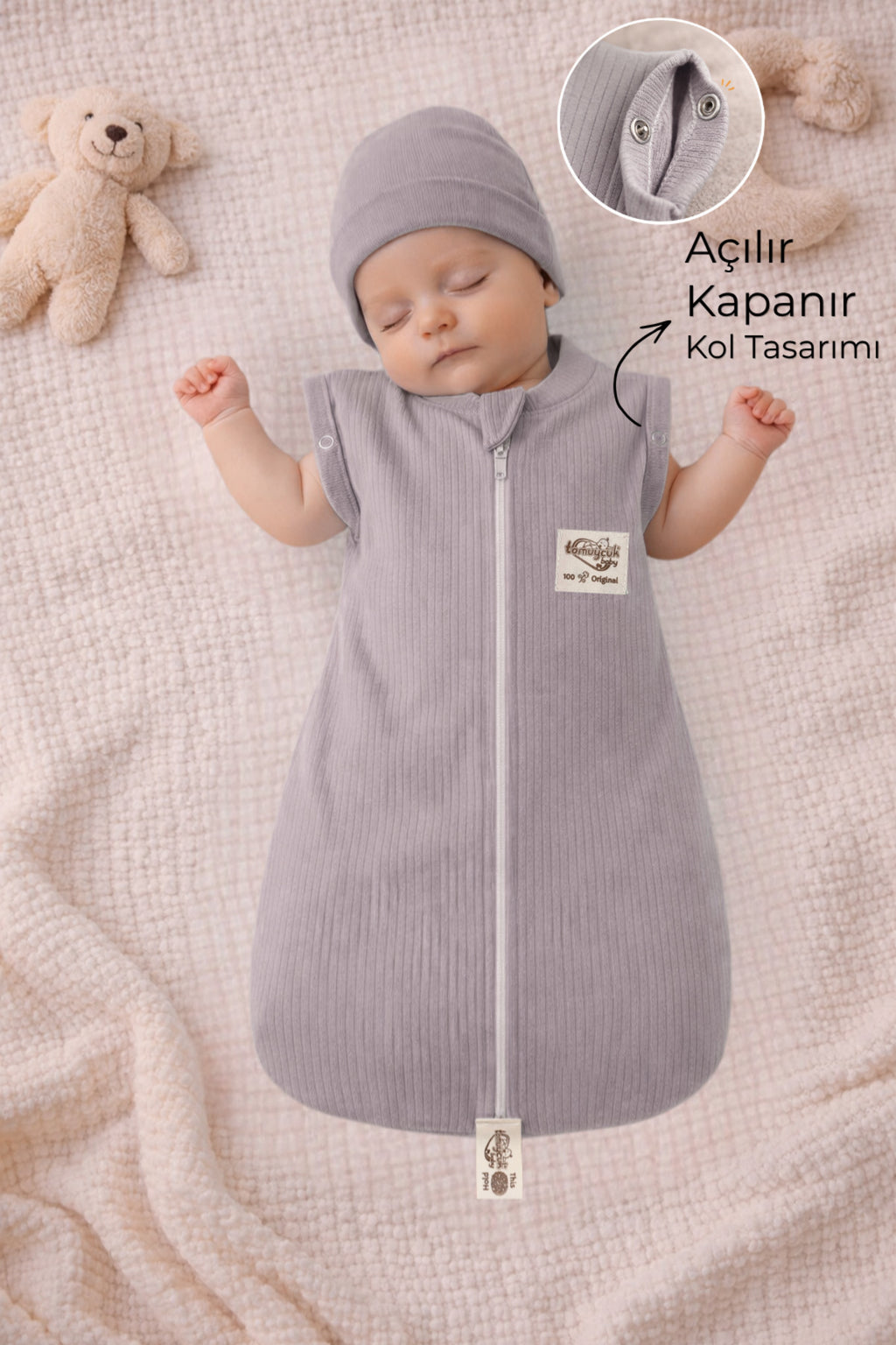%100 Pamuklu Unisex Bebek Uyku Tulumu 0-6 Ay | Fermuarlı Şapkalı