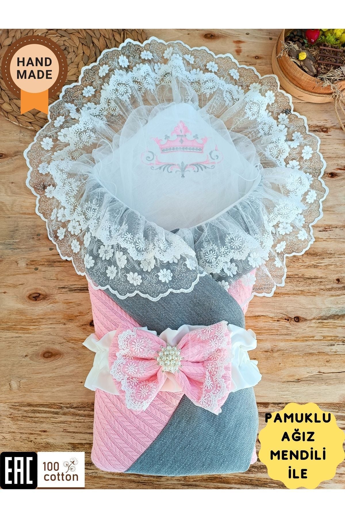 Pembe Triko Örgü Kız Bebek Batttaniyesi Kundağı Şık Dantelli Yenidoğan Hastane Çıkışı Hediyelik