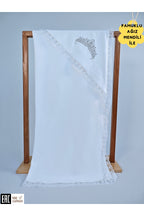 Ekru %100 Pamuklu Kız Bebek Battaniyesi Nakışlı Dantelli Puset Örtüsü Hediyelik Yenidoğan 90x90cm