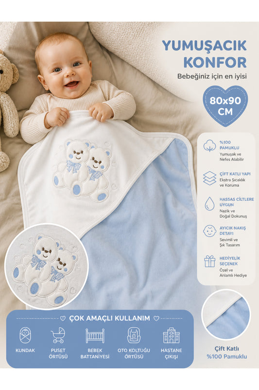 %100 Pamuklu & Mevsimlik Erkek Bebek Battaniyesi - Mavi & Ayıcık Nakışlı Bebek Örtüsü 80x90 Cm