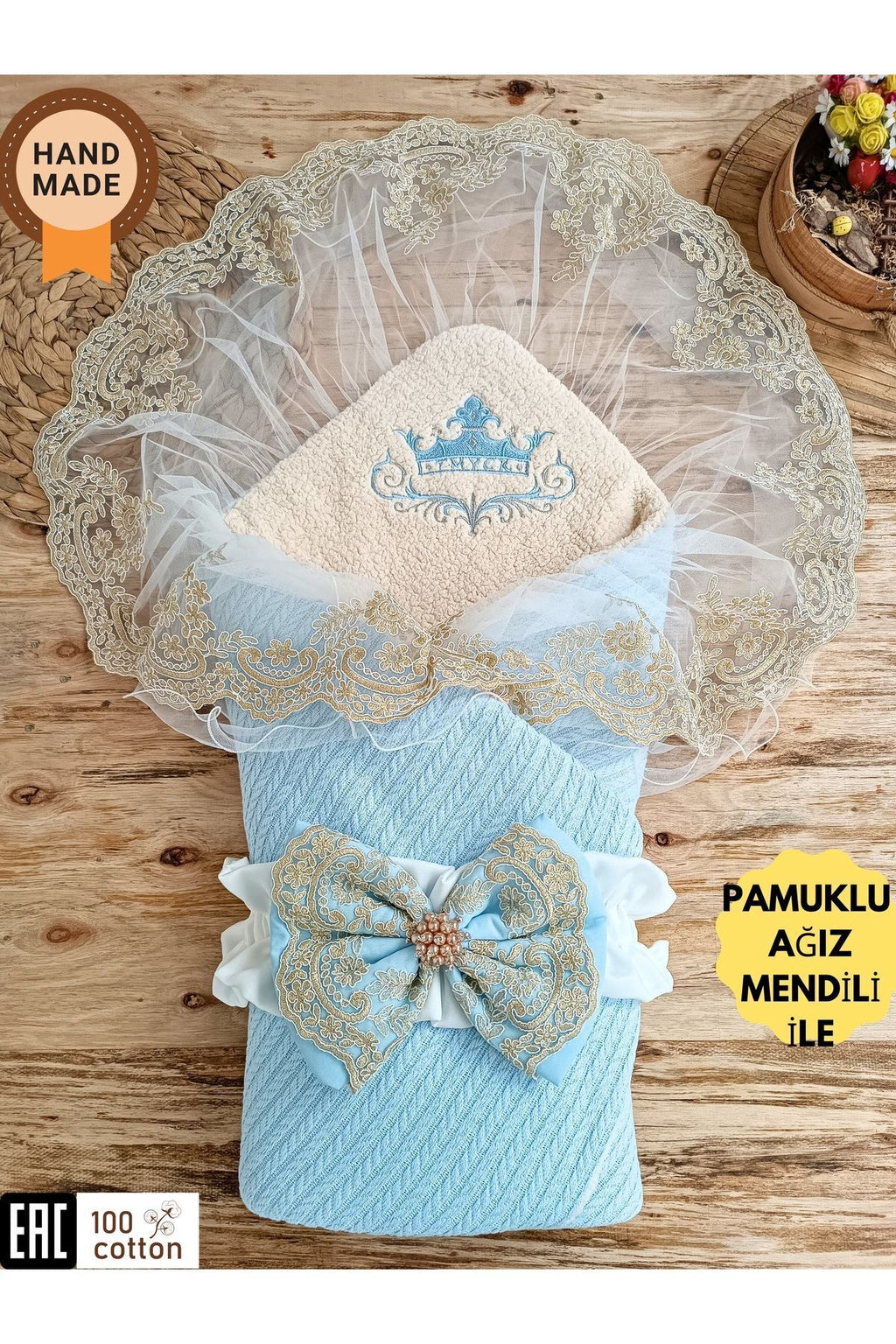 Triko Örgü Bebek Kundağı - Pamuklu & Dantelli Yenidoğan Bebek Battaniyesi Mavi