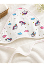 Unicorn Desenli %100 Pamuklu Başlıklı Kız Bebek Banyo Havlusu Yumuşak & Su Emici Havlu