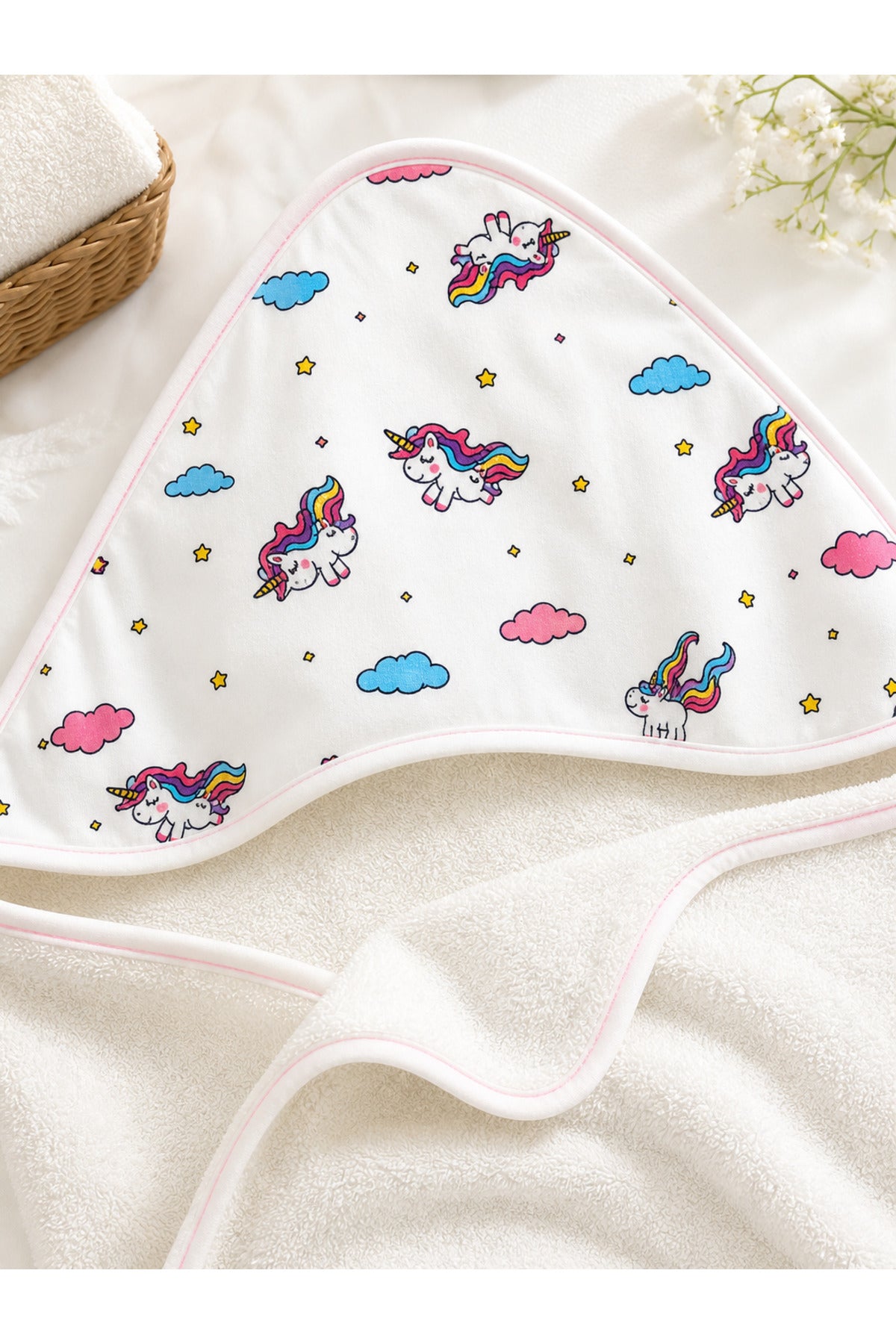 Unicorn Desenli %100 Pamuklu Başlıklı Kız Bebek Banyo Havlusu Yumuşak & Su Emici Havlu