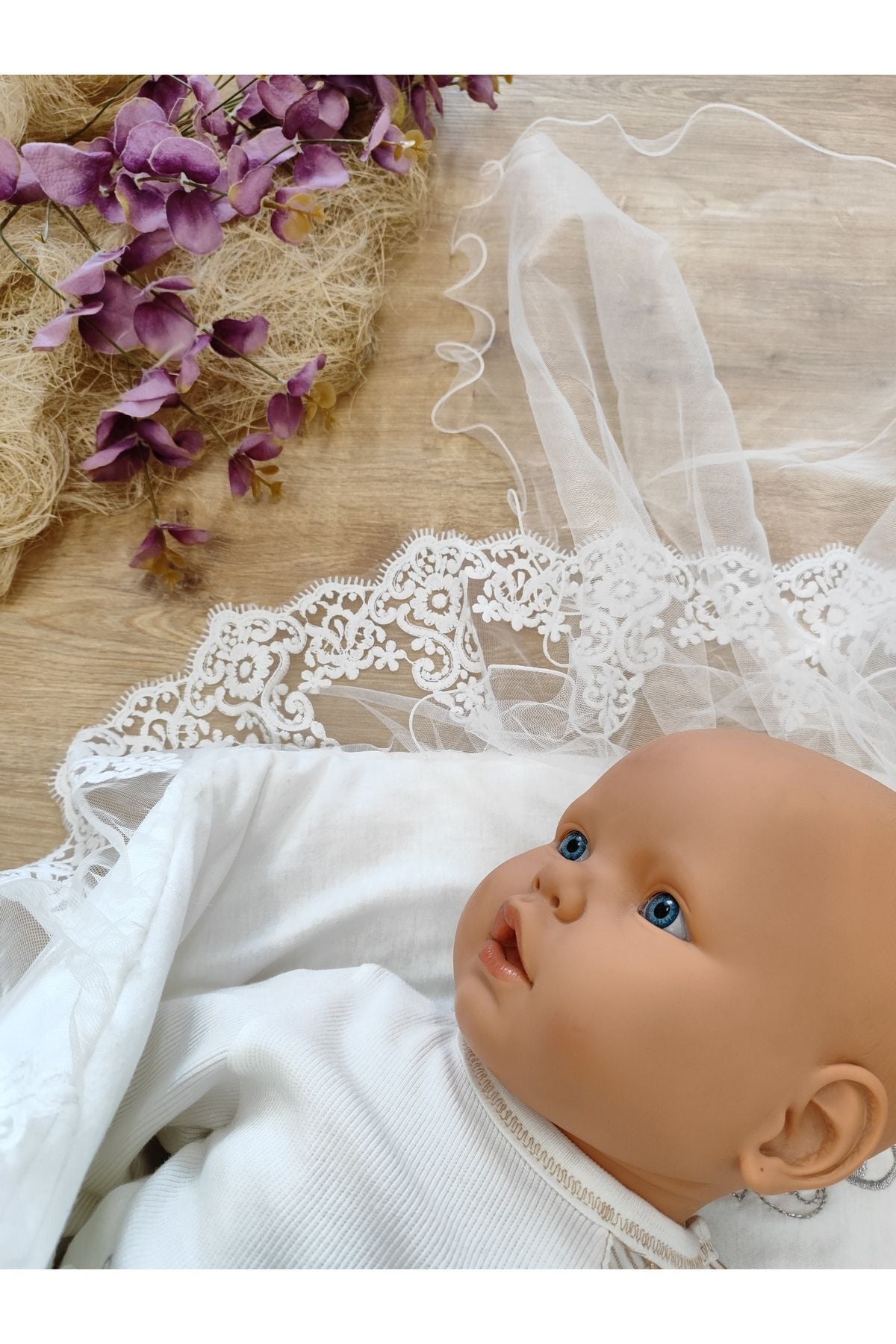 Ekru Kız Erkek Bebek Battaniyesi Kundağı %100 Pamuklu Dantelli Yenidoğan Hastane Çıkışı Mevlütlük Kn