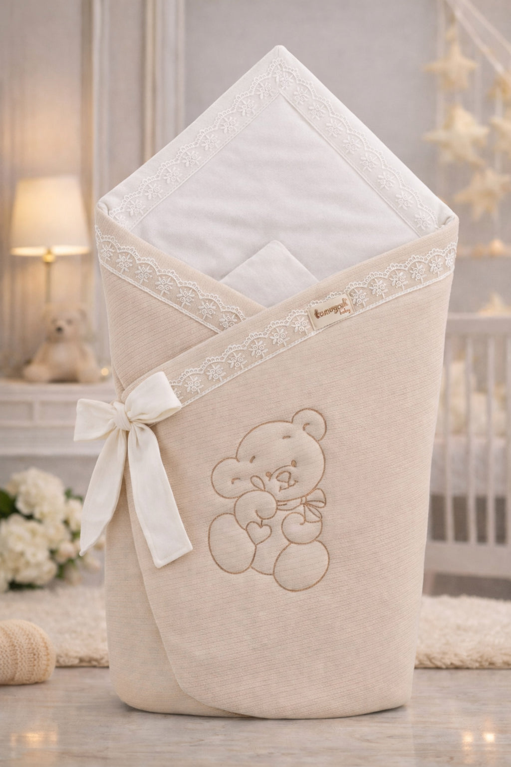Ayıcık Nakışlı %100 Pamuklu 85x85cm Bebek Battaniyesi | Kız Erkek Mevsimlik Uyku Kundağı