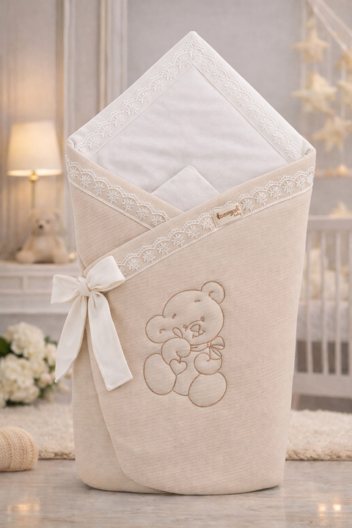 Ayıcık Nakışlı %100 Pamuklu 85x85cm Bebek Battaniyesi | Kız Erkek Mevsimlik Uyku Kundağı