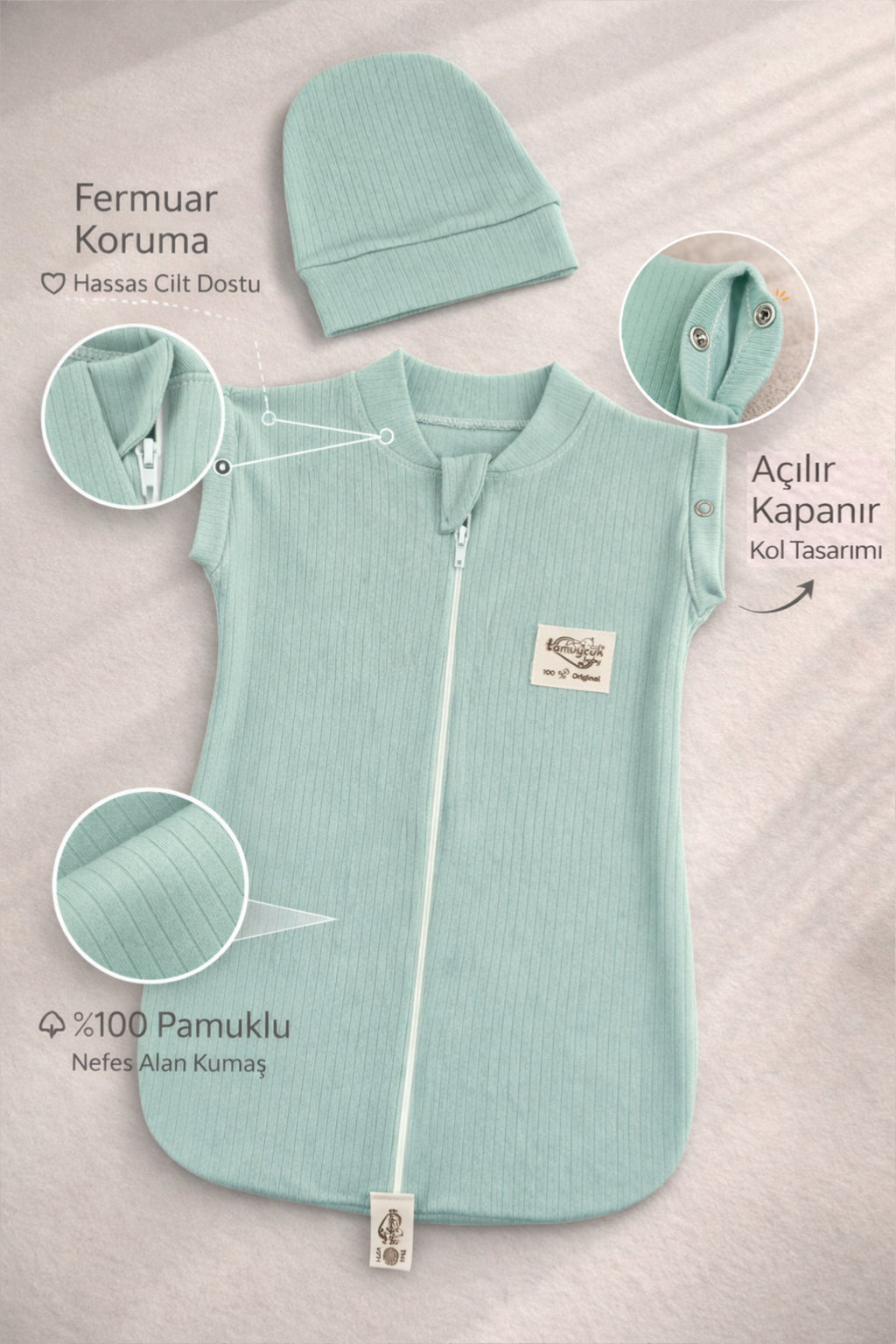 %100 Pamuklu Yeşil Unisex Bebek Uyku Tulumu Kundağı 0-6 Ay Fermuarlı Çıtçıt Kol Mevsimlik Yenidoğan