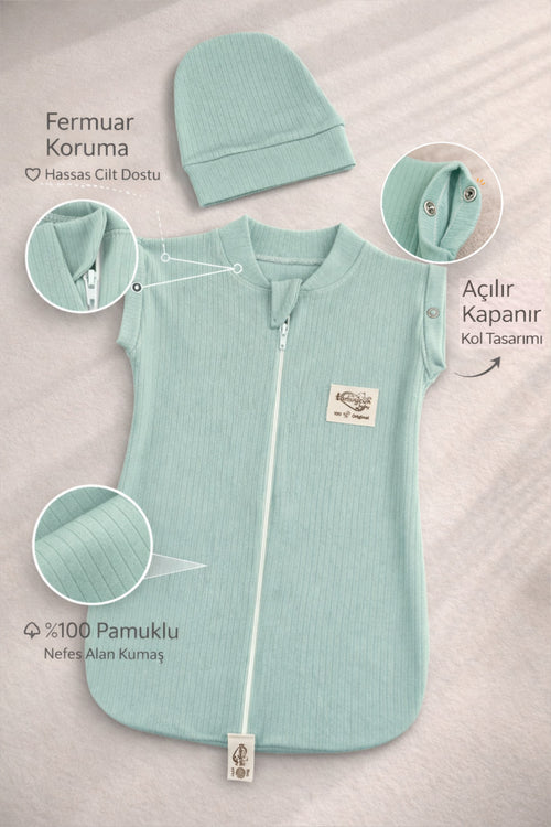 %100 Pamuklu Yeşil Unisex Bebek Uyku Tulumu Kundağı 0-6 Ay Fermuarlı Çıtçıt Kol Mevsimlik Yenidoğan