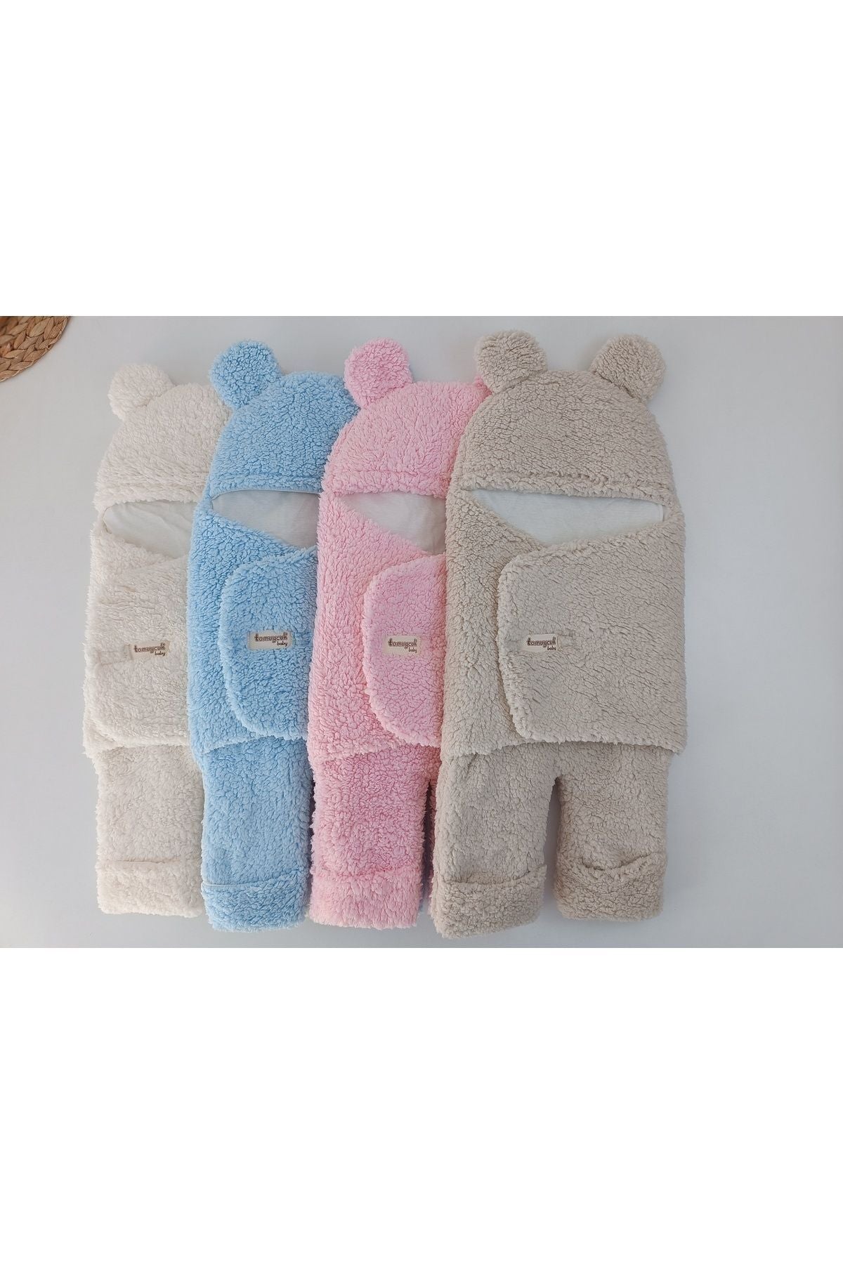 0-12 Ay İçi Elyaflı Peluş Welsoft Kulaklı Mavi Dış Bebek Kundak & Battaniyesi Kışlık Uyku Tulumu