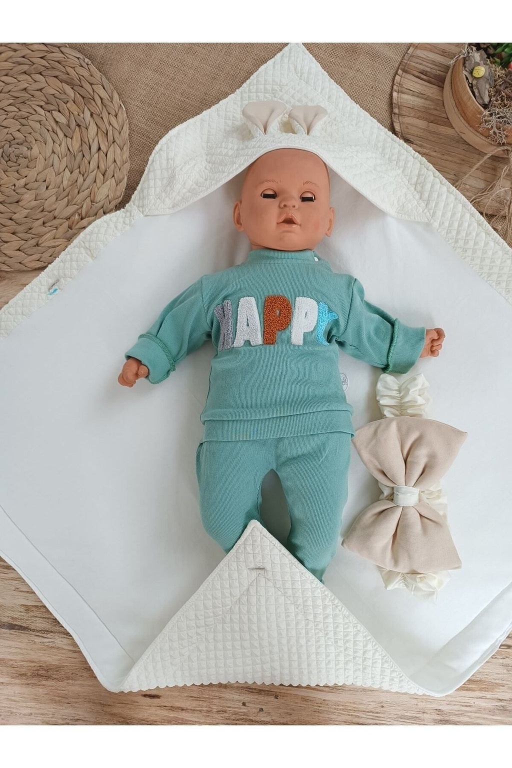 Ekru & Tavşan Kulaklı Bebek Battaniyesi - %100 Pamuklu Mevsimlik Bebek Kundağı