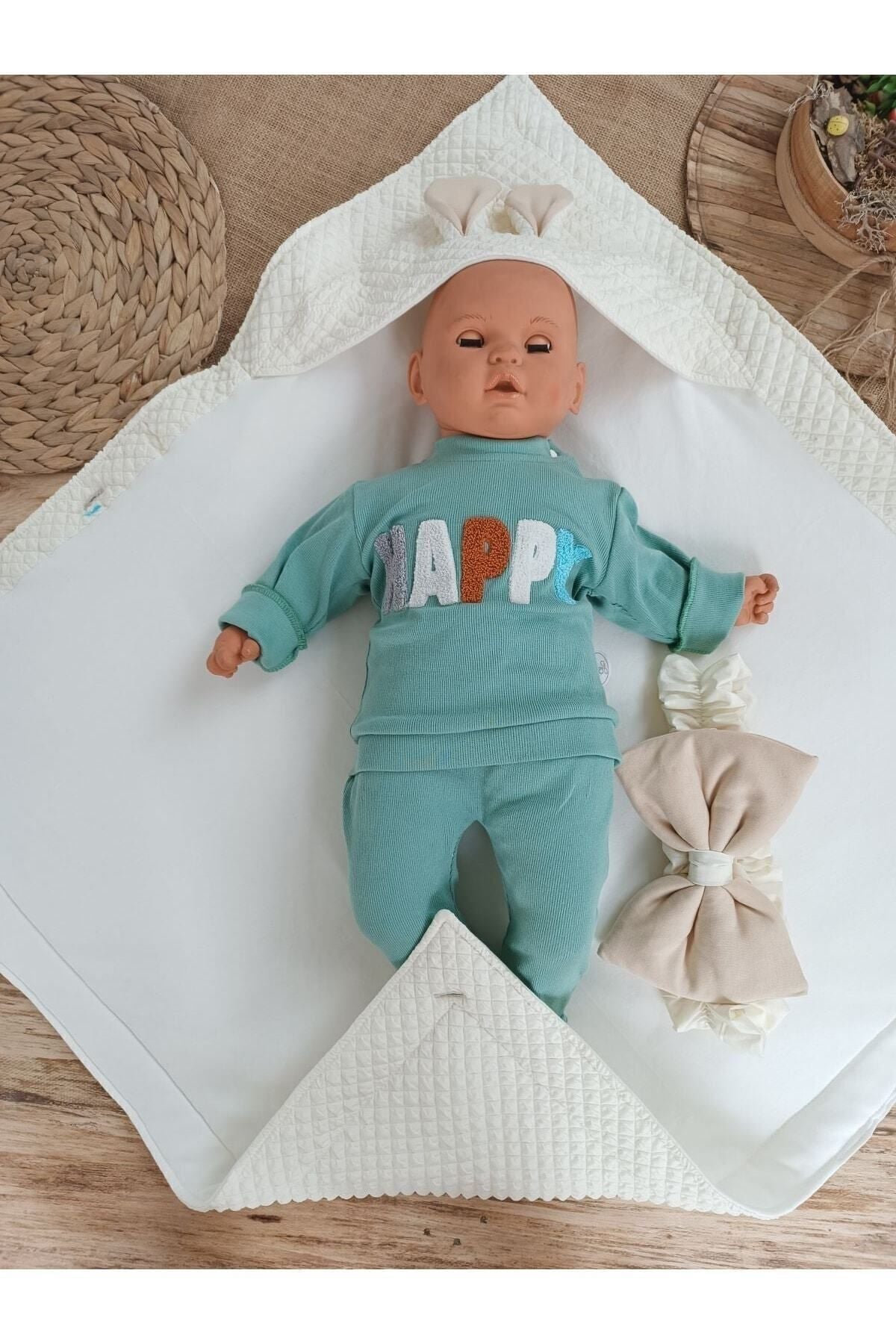 Ekru & Tavşan Kulaklı Bebek Battaniyesi - %100 Pamuklu Mevsimlik Bebek Kundağı