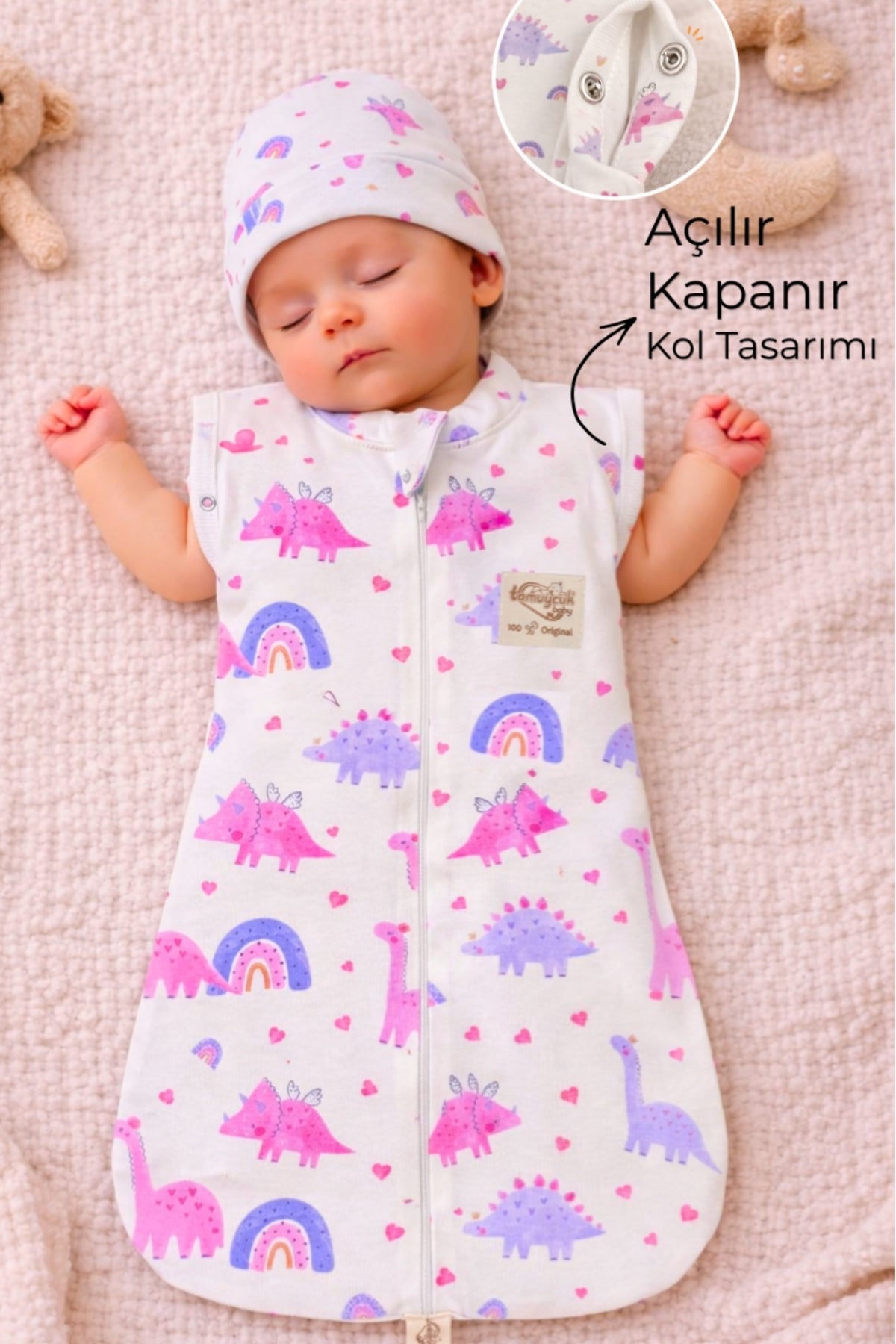 %100 Pamuklu Kız Bebek Uyku Tulumu 0-6 Ay | Fermuarlı Şapkalı